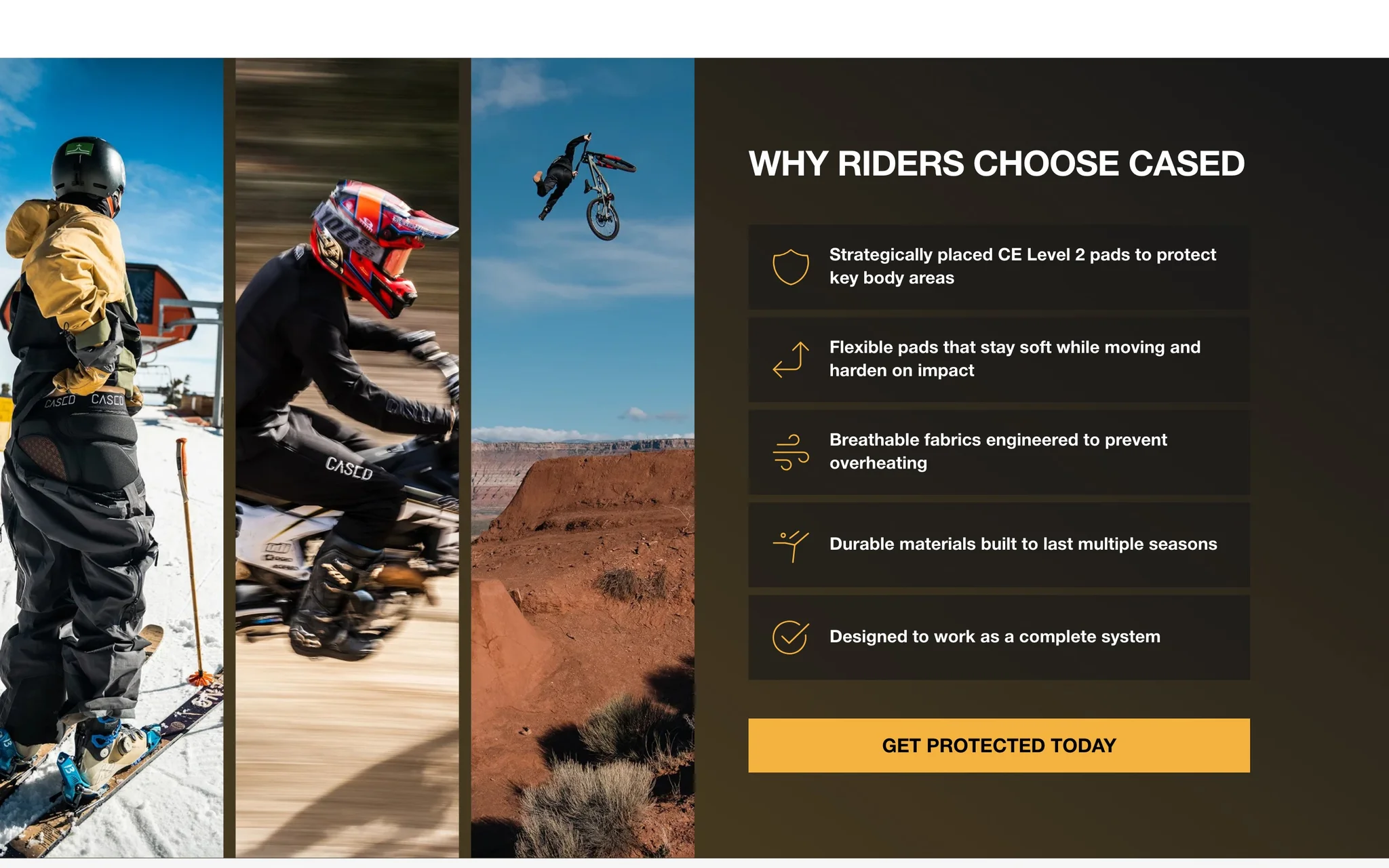 Cased homepage panel listing reasons riders choose the gear beside ski, moto and MTB action photos.