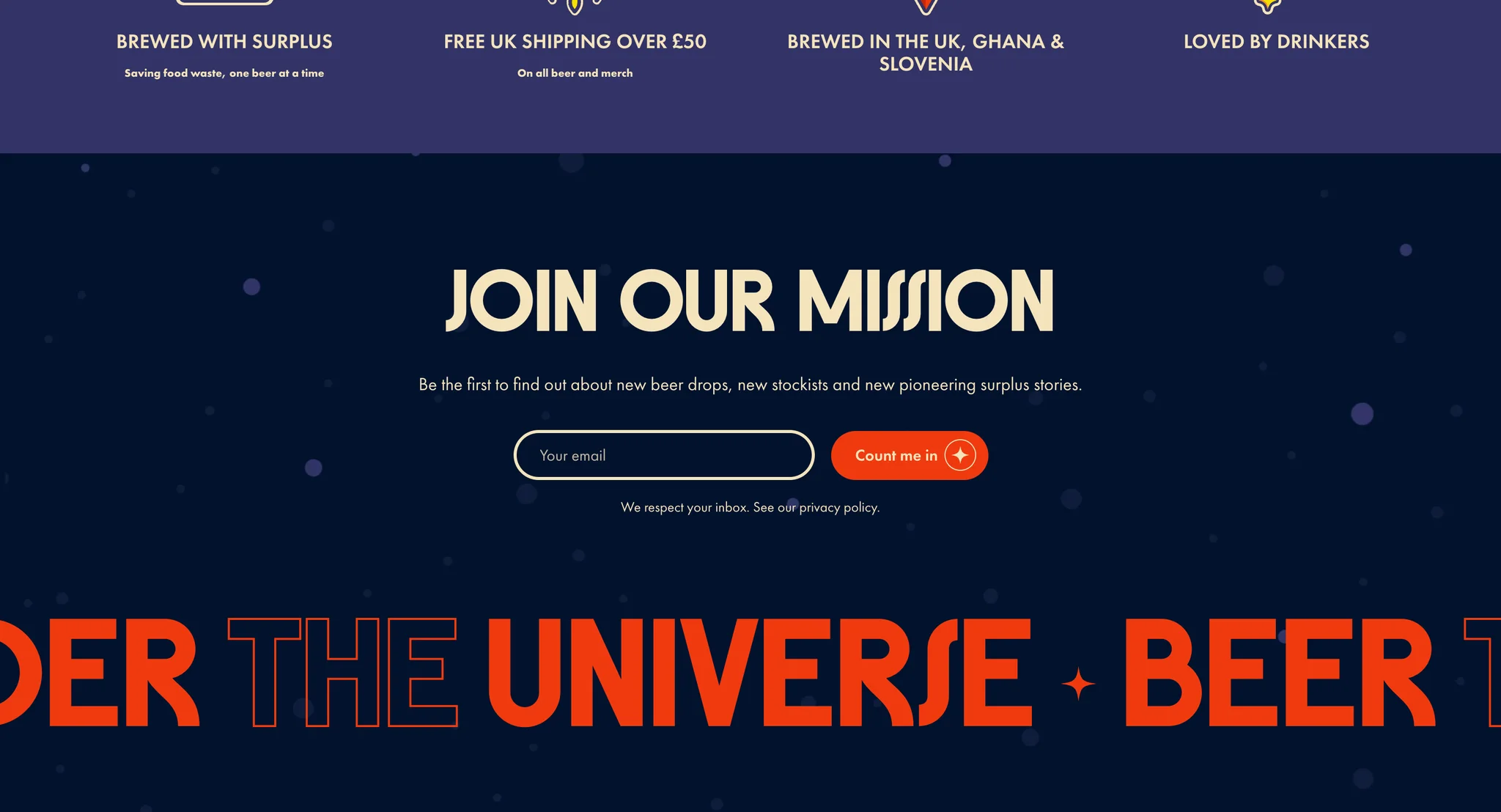 "Join our mission" email sign-up and a large "Ponder the universe" marquee in the footer