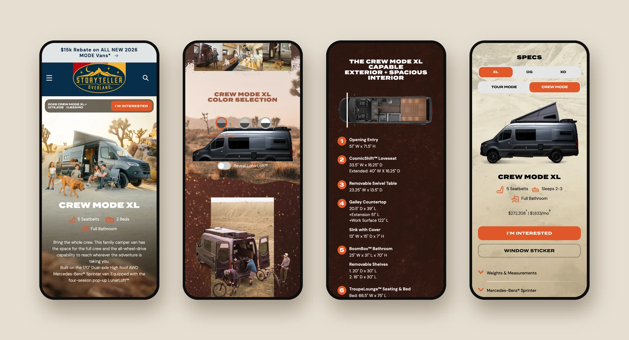 Four phone screens of the Crew MODE XL page: the hero, colour selection, the numbered floorplan and the specs tabs
