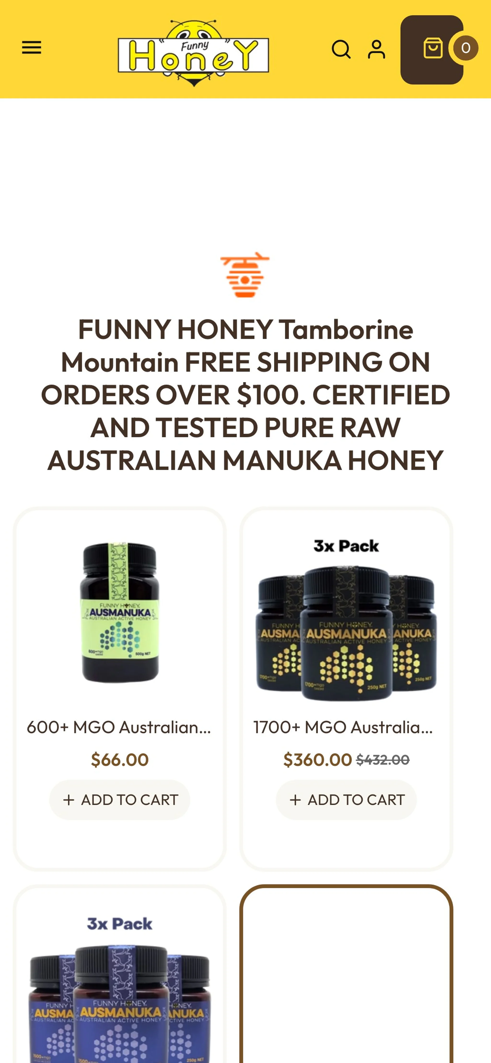 Funny Honey homepage on mobile with the yellow header, free shipping headline and a two-column grid of Manuka honey products.