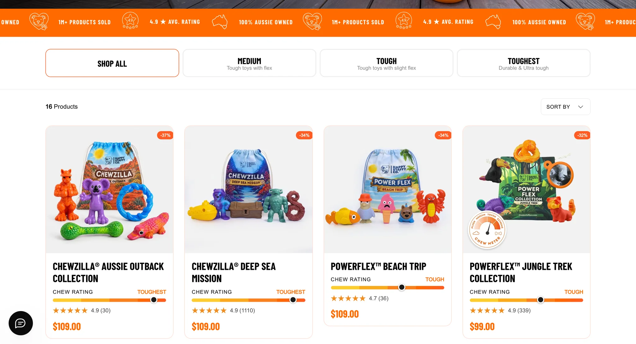 Dog toys collection with Shop all, Medium, Tough and Toughest tabs above cards for the Chewzilla and PowerFlex collections, each with a chew rating bar