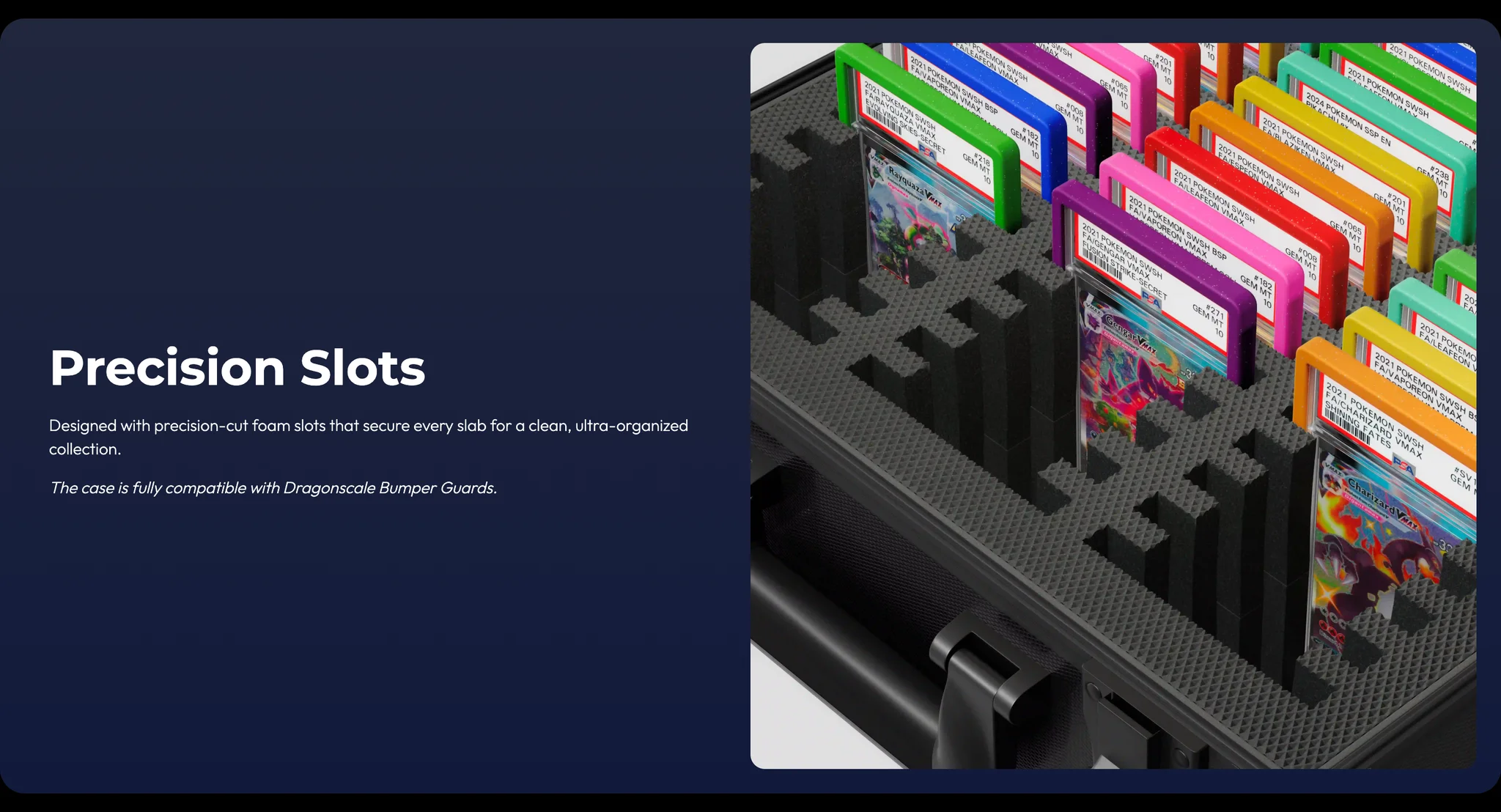 "Precision Slots" section on the Behemoth page: navy panel copy beside a close photo of graded Pokémon slabs in green, purple, pink, orange and yellow guards standing in cut foam slots