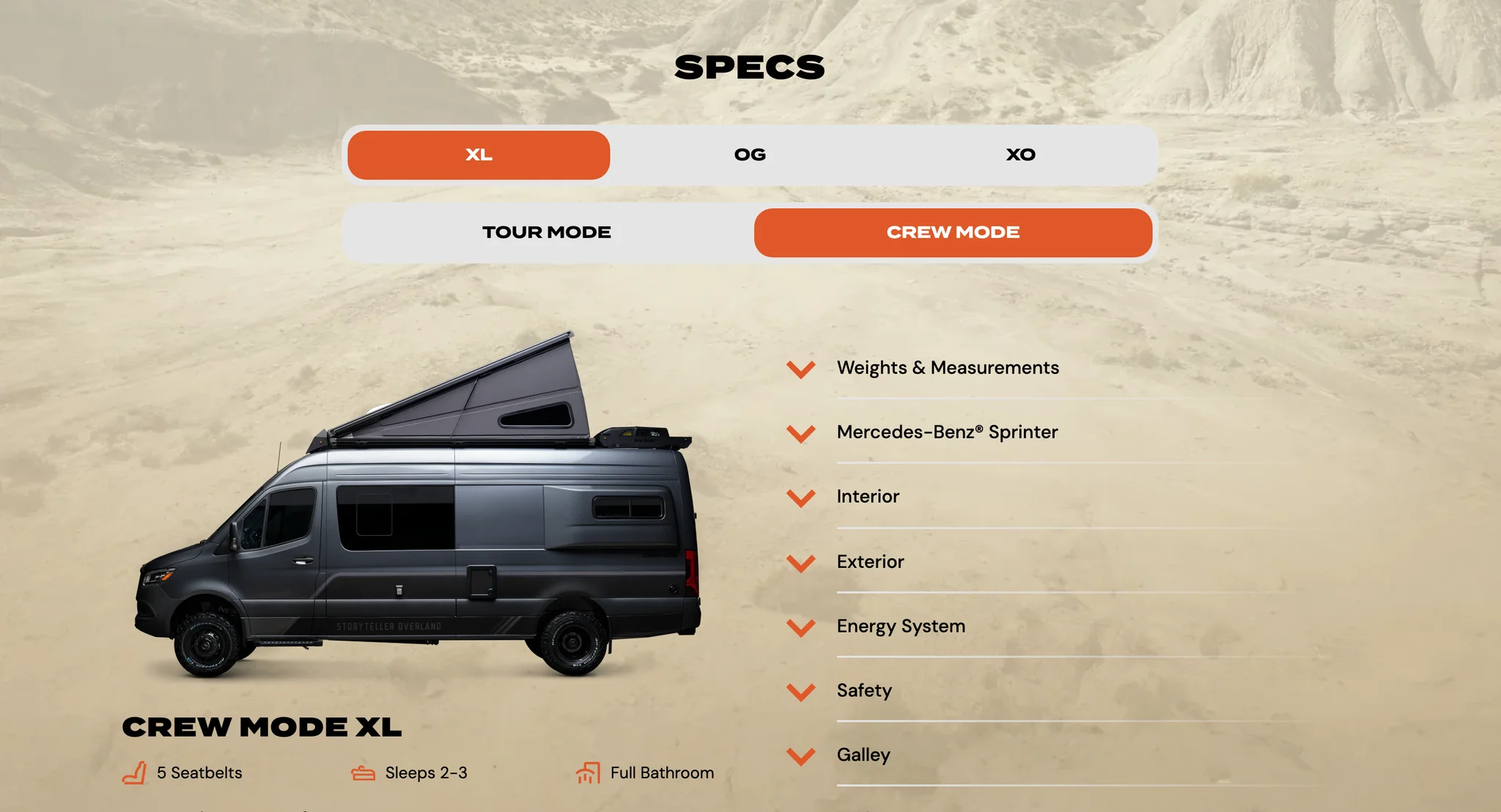 Specs section with XL, OG and XO tabs, Tour and Crew mode tabs and an expandable spec list