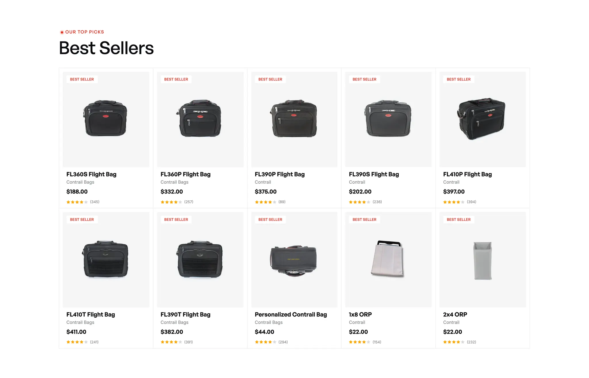 Best Sellers product grid on the Contrail Bags homepage with flight bags and accessories, prices, ratings and best-seller tags.
