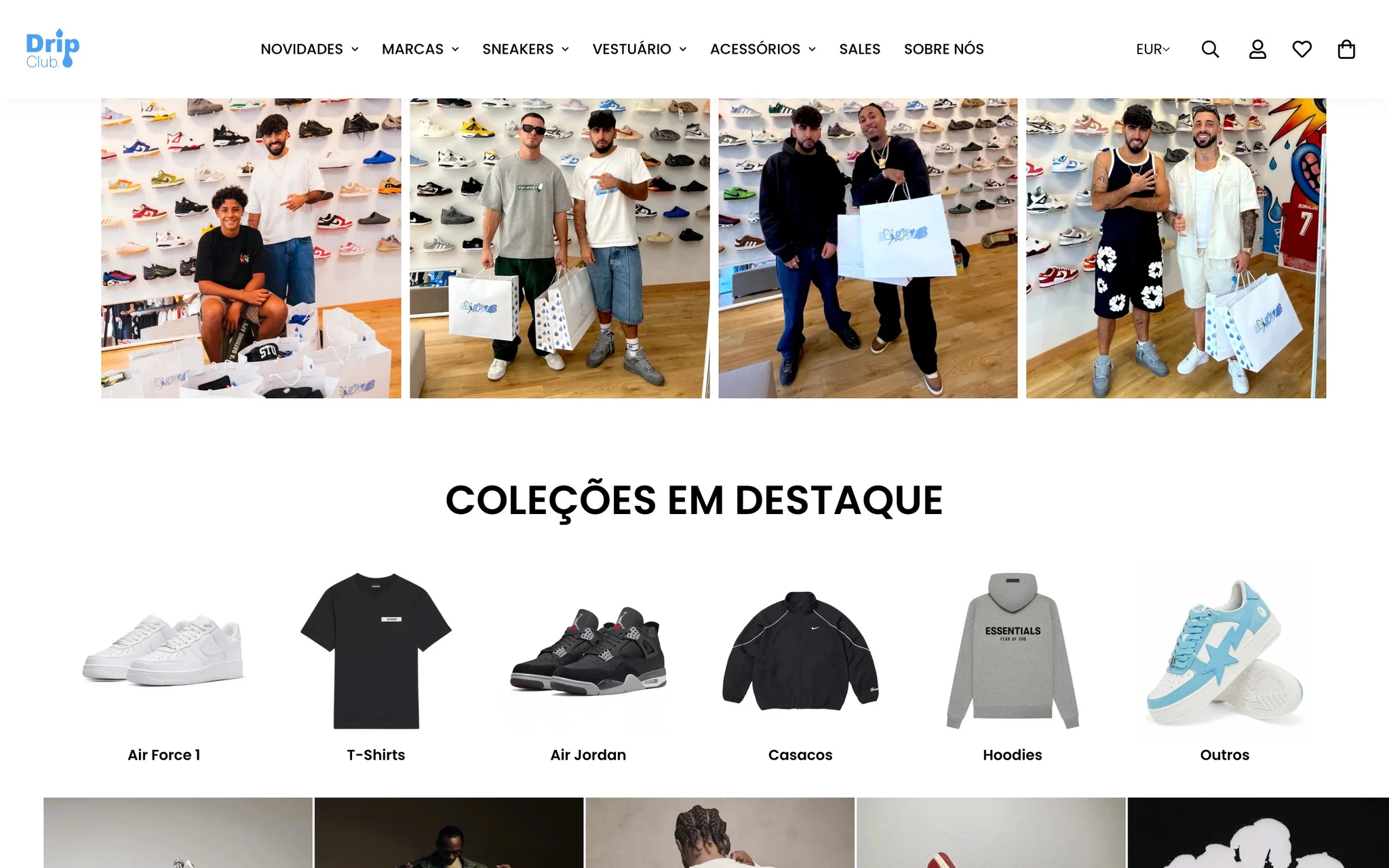 DripClub homepage section with customer photos from the physical store above featured collection tiles for Air Force 1, Air Jordan and hoodies.