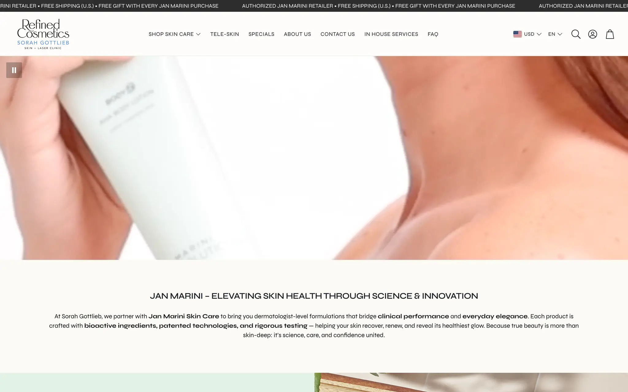About Us page on Refined Cosmetics explaining the Jan Marini partnership, headed “Elevating skin health through science and innovation” beneath a full-width product image.