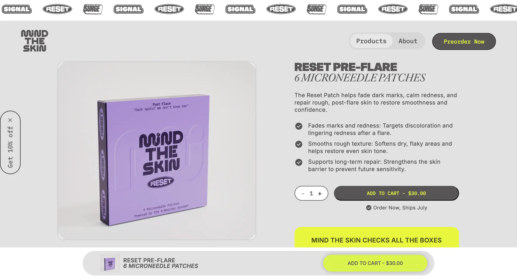 Product page for the Mind The Skin Reset Pre-Flare six-patch pack, showing the purple carton beside three benefit claims, a quantity stepper, add-to-cart at $30 and a sticky purchase bar.