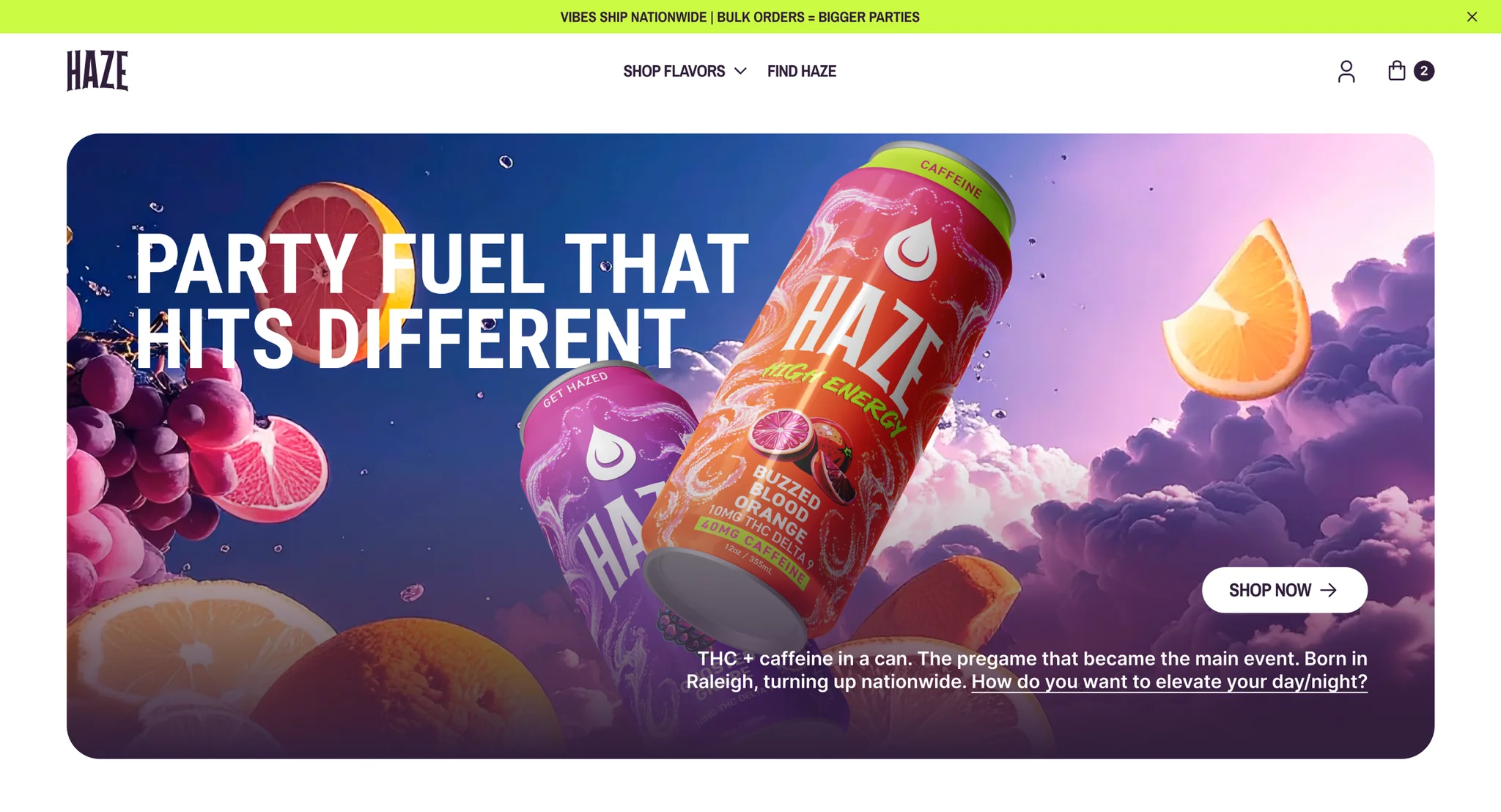 HAZE homepage hero: a Buzzed Blood Orange can and a Ghosted Grape can floating in purple clouds with fruit, under the headline "Party fuel that hits different"