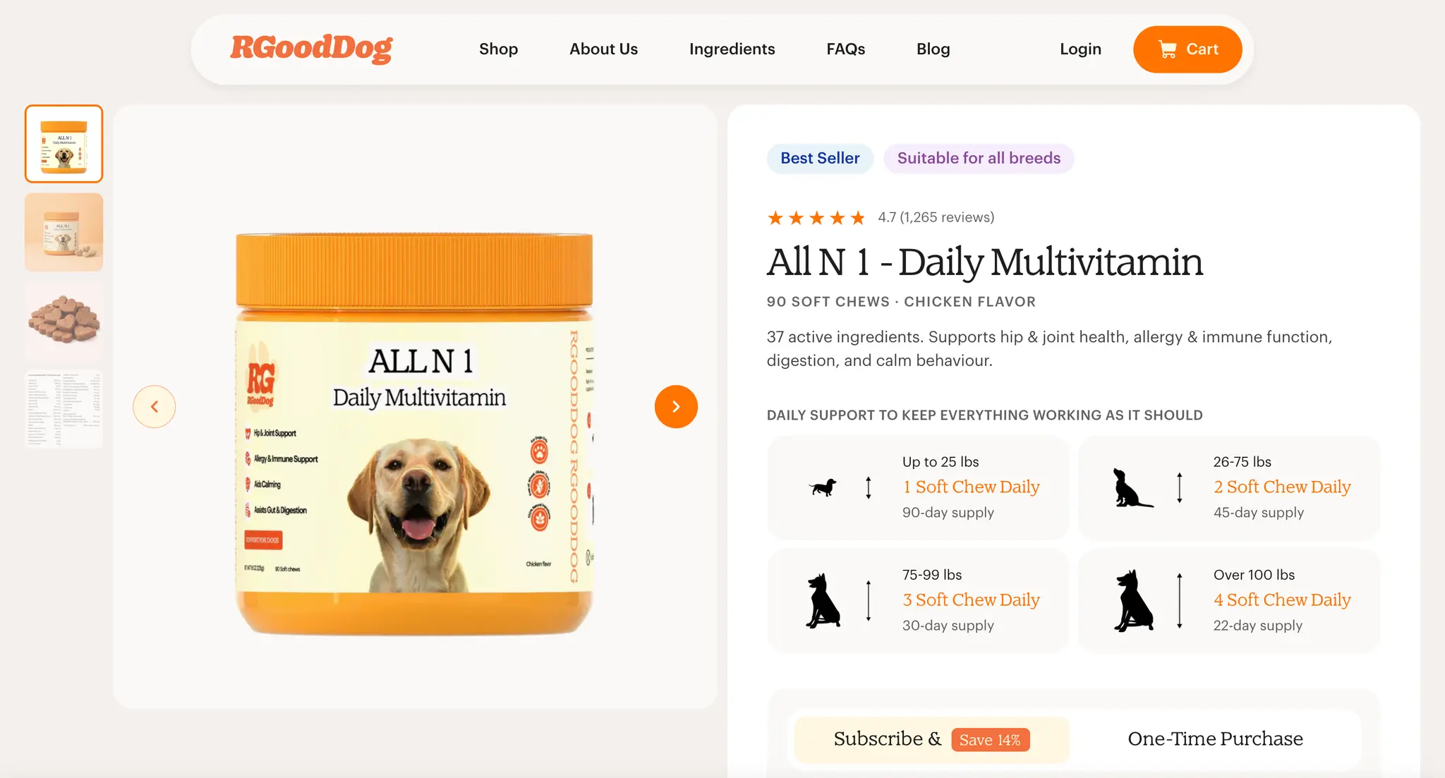 R Good Dog All N 1 Daily Multivitamin product page with dosage by dog weight and a subscribe and save option
