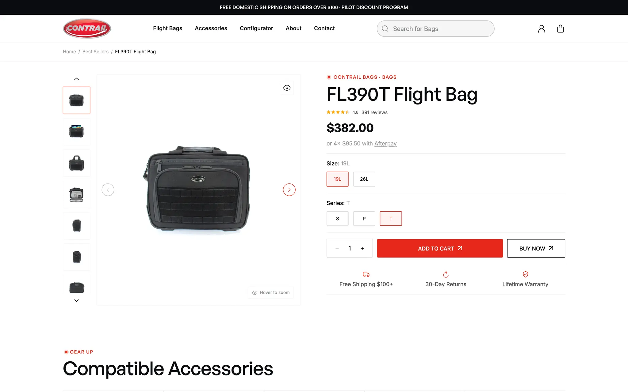 Product page for the Contrail FL390T flight bag at $382 with a thumbnail gallery, size and series options, Afterpay, and Add to Cart and Buy Now buttons.