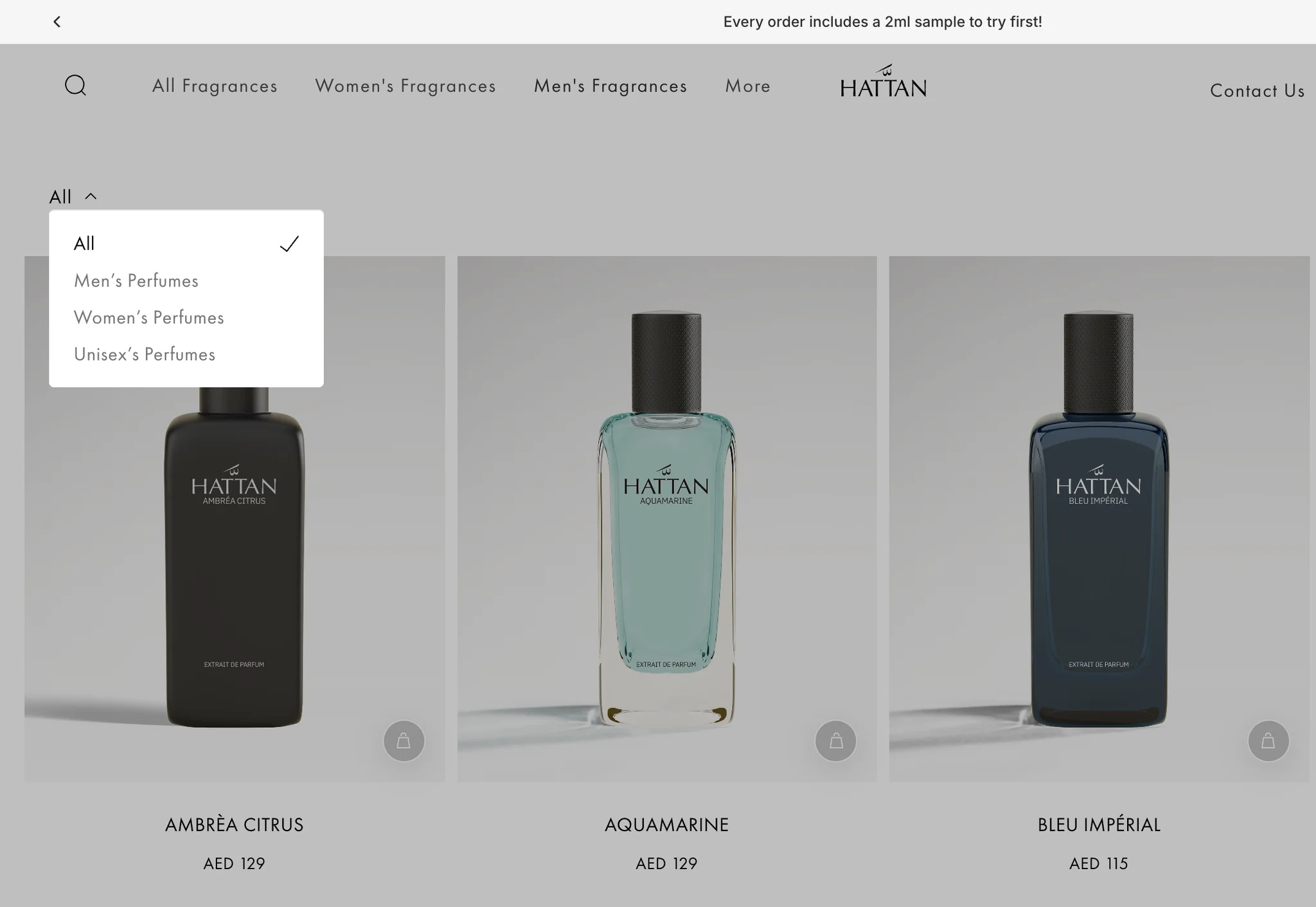 Men's Fragrances collection page with the filter menu open over the dimmed grid, listing All, Men's, Women's and Unisex perfumes with All ticked, above the Ambrèa Citrus, Aquamarine and Bleu Impérial bottles and their AED prices