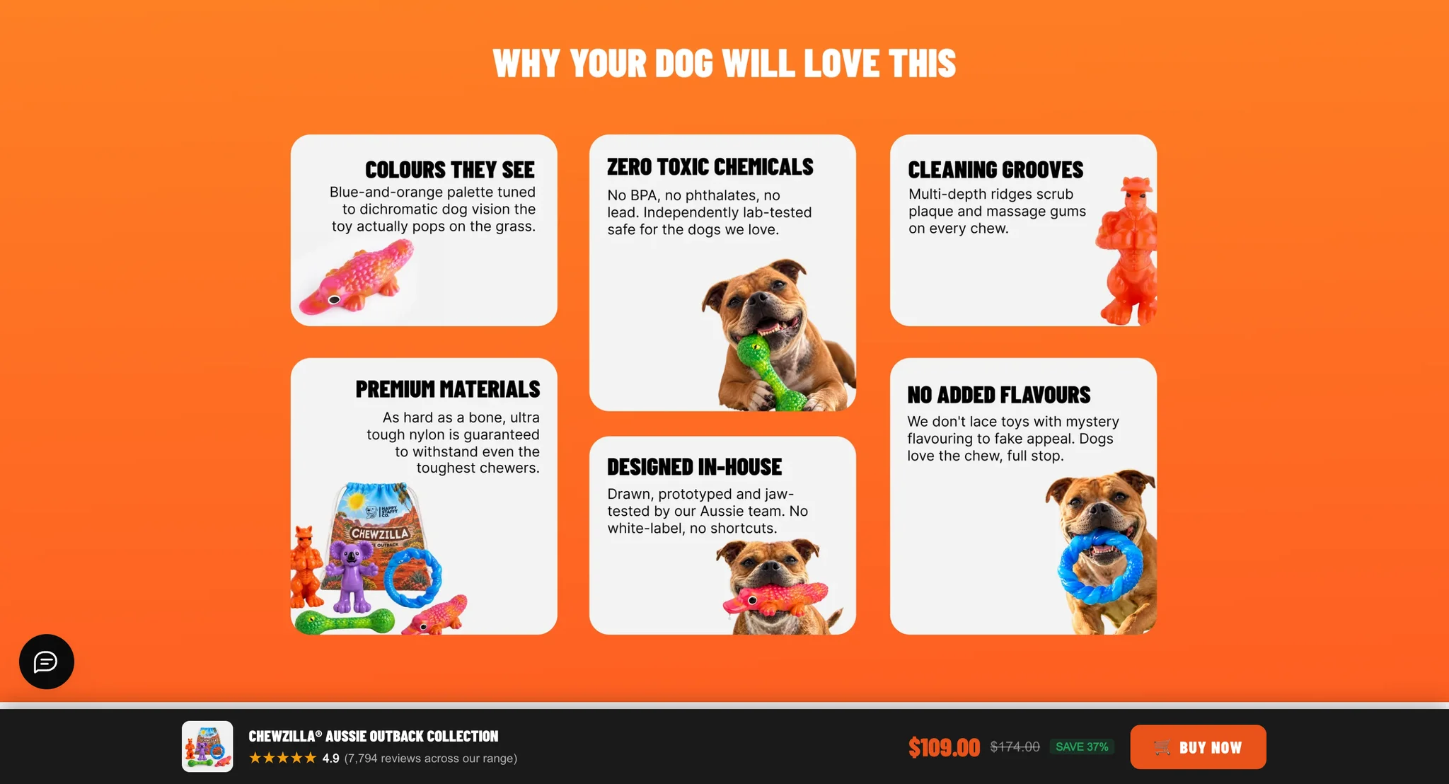 Orange "Why your dog will love this" section with cards on colours dogs see, zero toxic chemicals, cleaning grooves, premium materials, in-house design and no added flavours