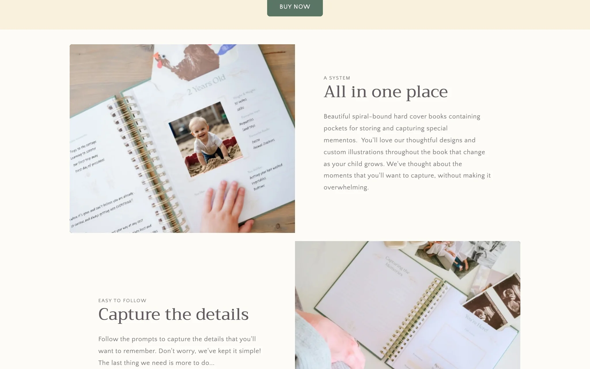 Mavie Memories homepage sections 'All in one place' and 'Capture the details' showing open baby book pages.