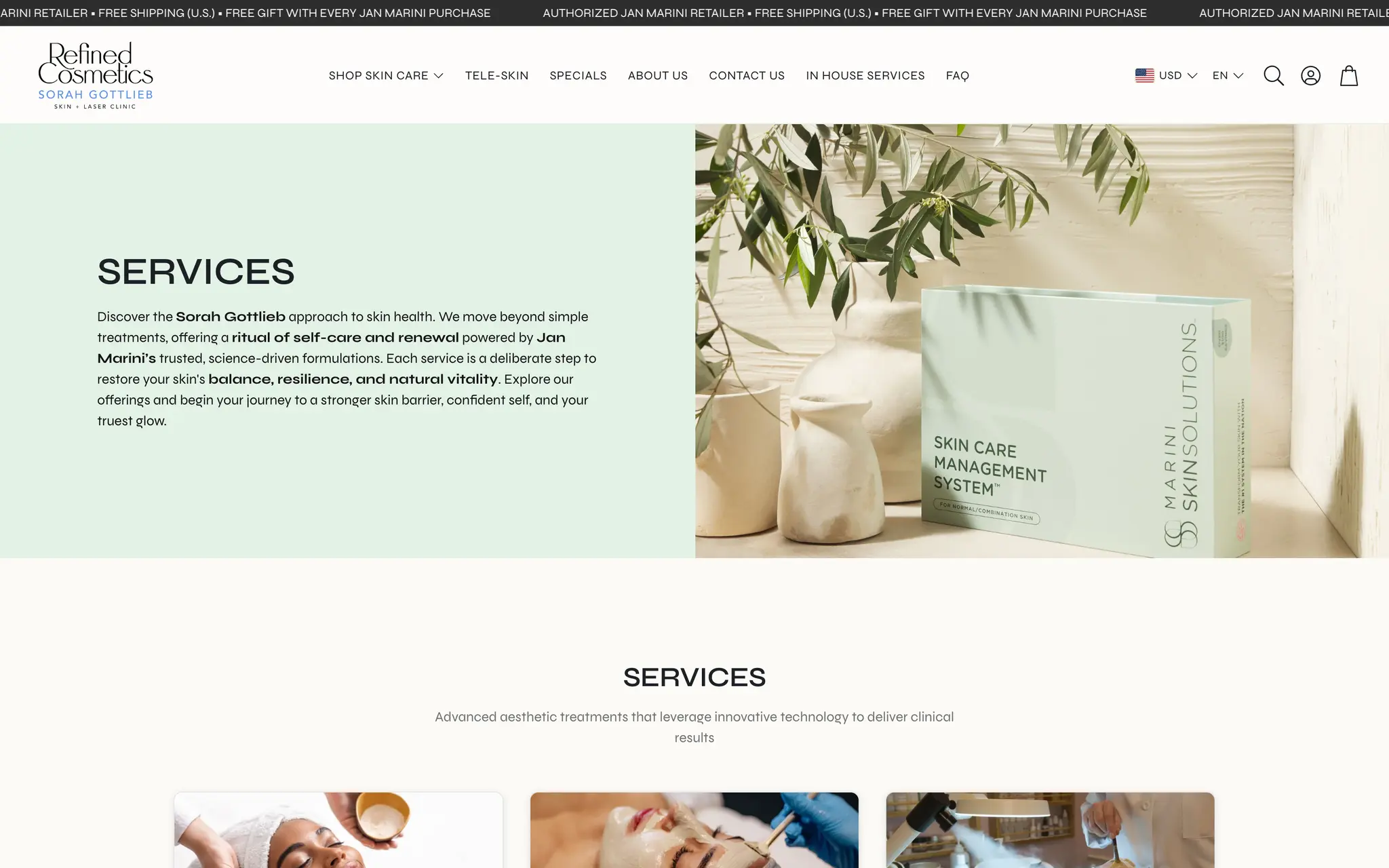 Services page on Refined Cosmetics introducing the Sorah Gottlieb clinic approach, above a grid of aesthetic treatments photographed in the treatment room.