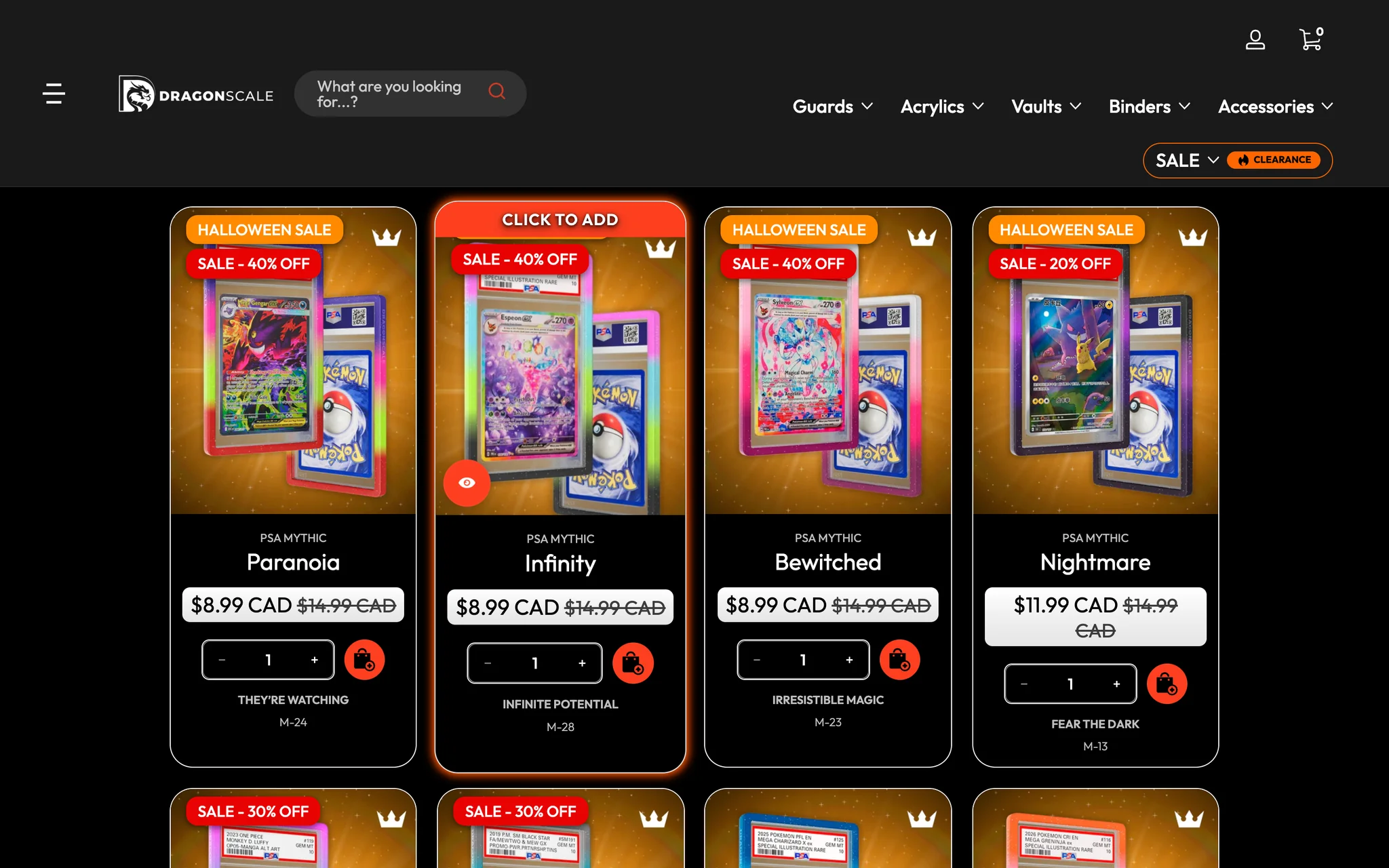 Hover on the Infinity card in the Guards collection: an orange glow around the card, a Click to Add bar across the top and a red eye icon that opens the product page, below the store header