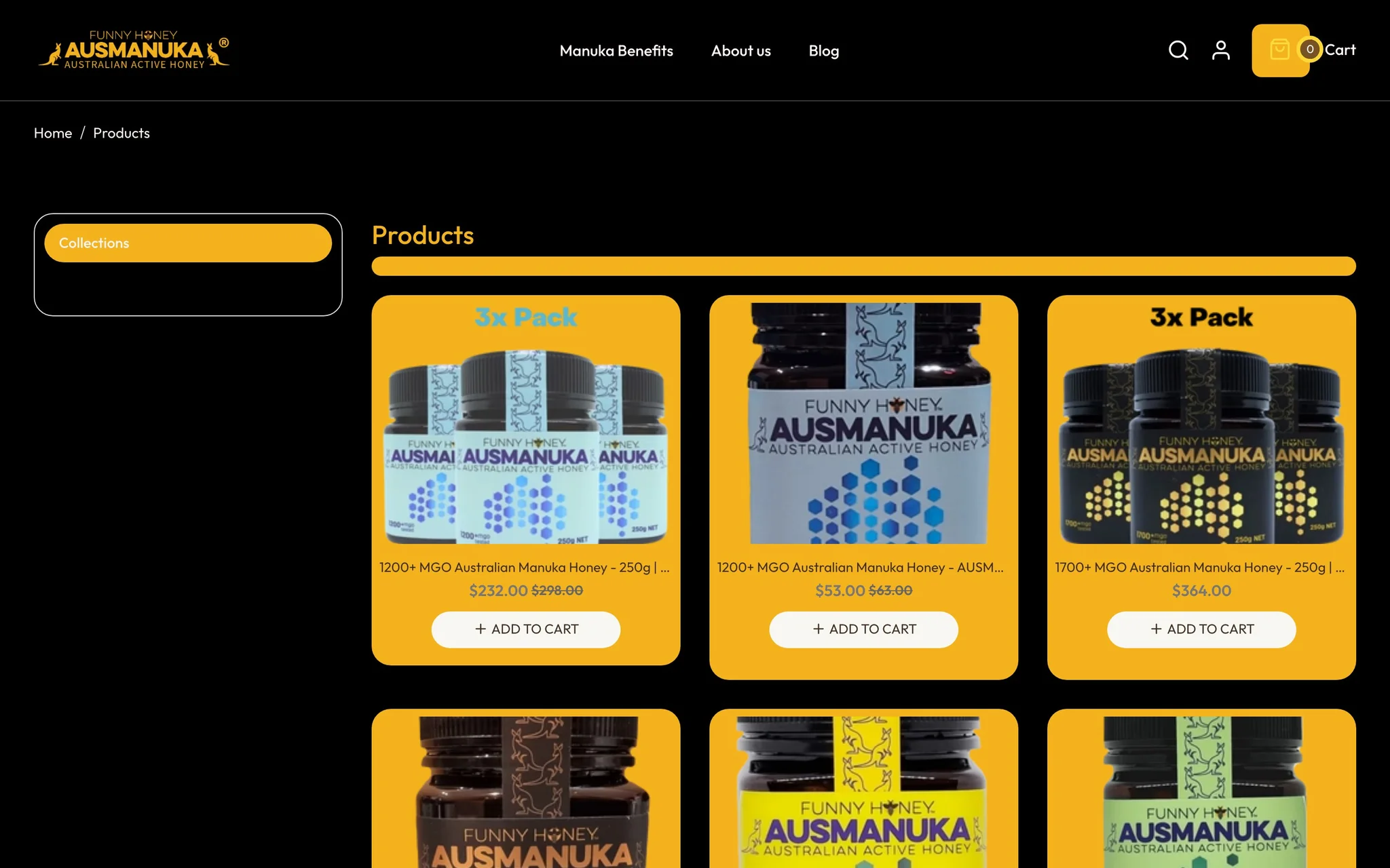 Ausmanuka products page with gold product cards for 1200+ and 1700+ MGO Manuka honey jars and 3x packs with sale prices.