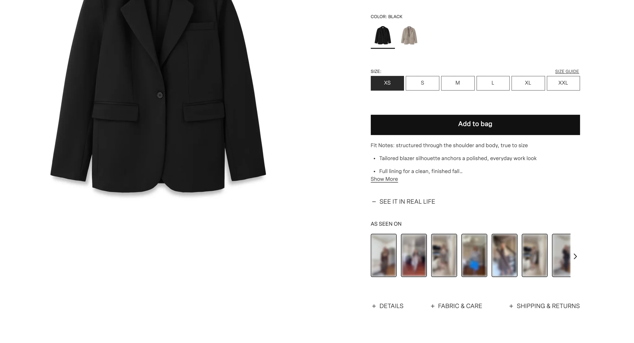 The Blazer buy box with "See it in real life" open, showing an "As seen on" strip of blurred try-on video thumbnails between the Fit Notes and the three tabs, beside a packshot of the black blazer