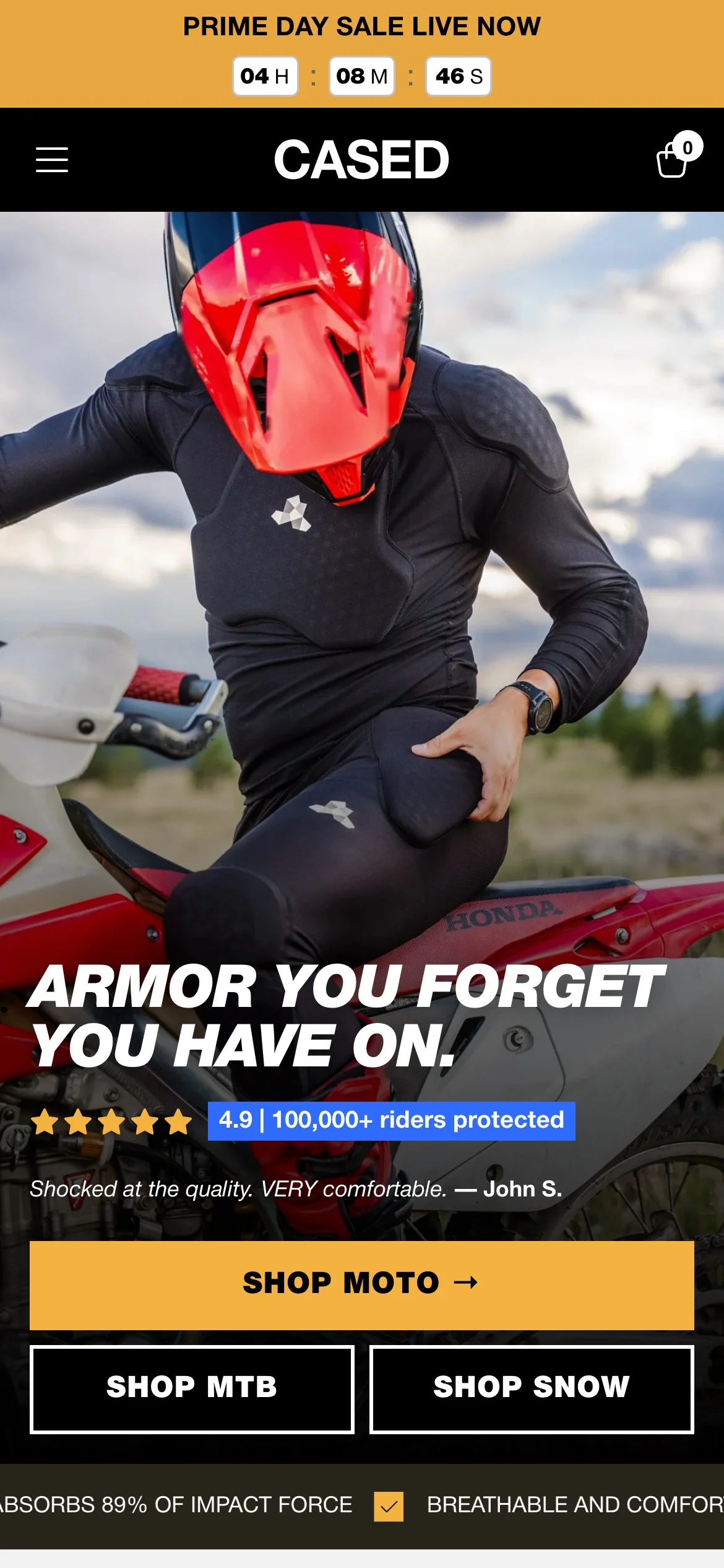 Cased mobile homepage hero with a rider on a dirt bike, rating line and sport shopping buttons.