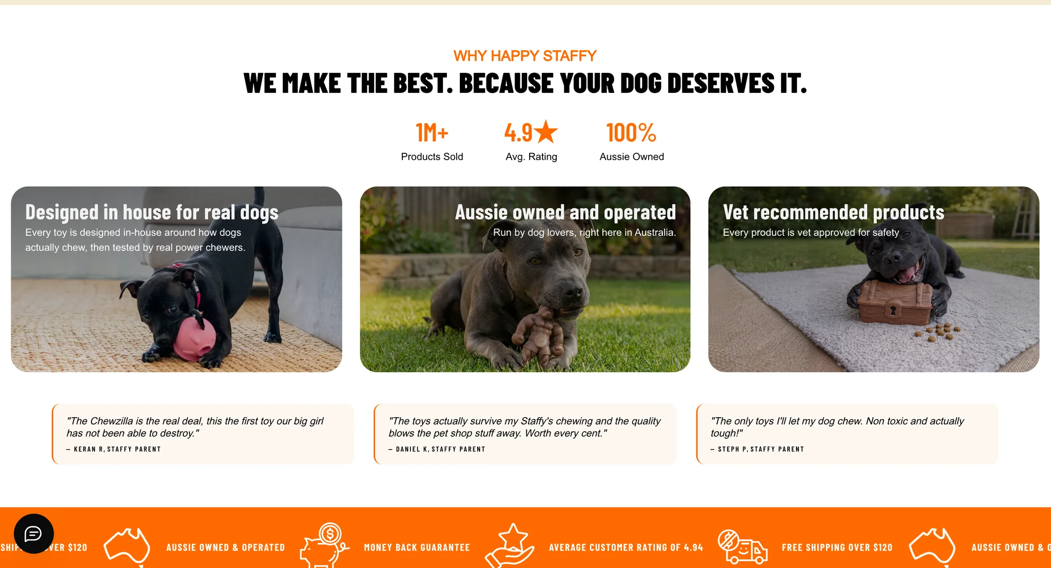 "We make the best" section with 1M+ products sold, a 4.9 star average rating and 100% Aussie owned above three photo cards of Staffies and customer quotes