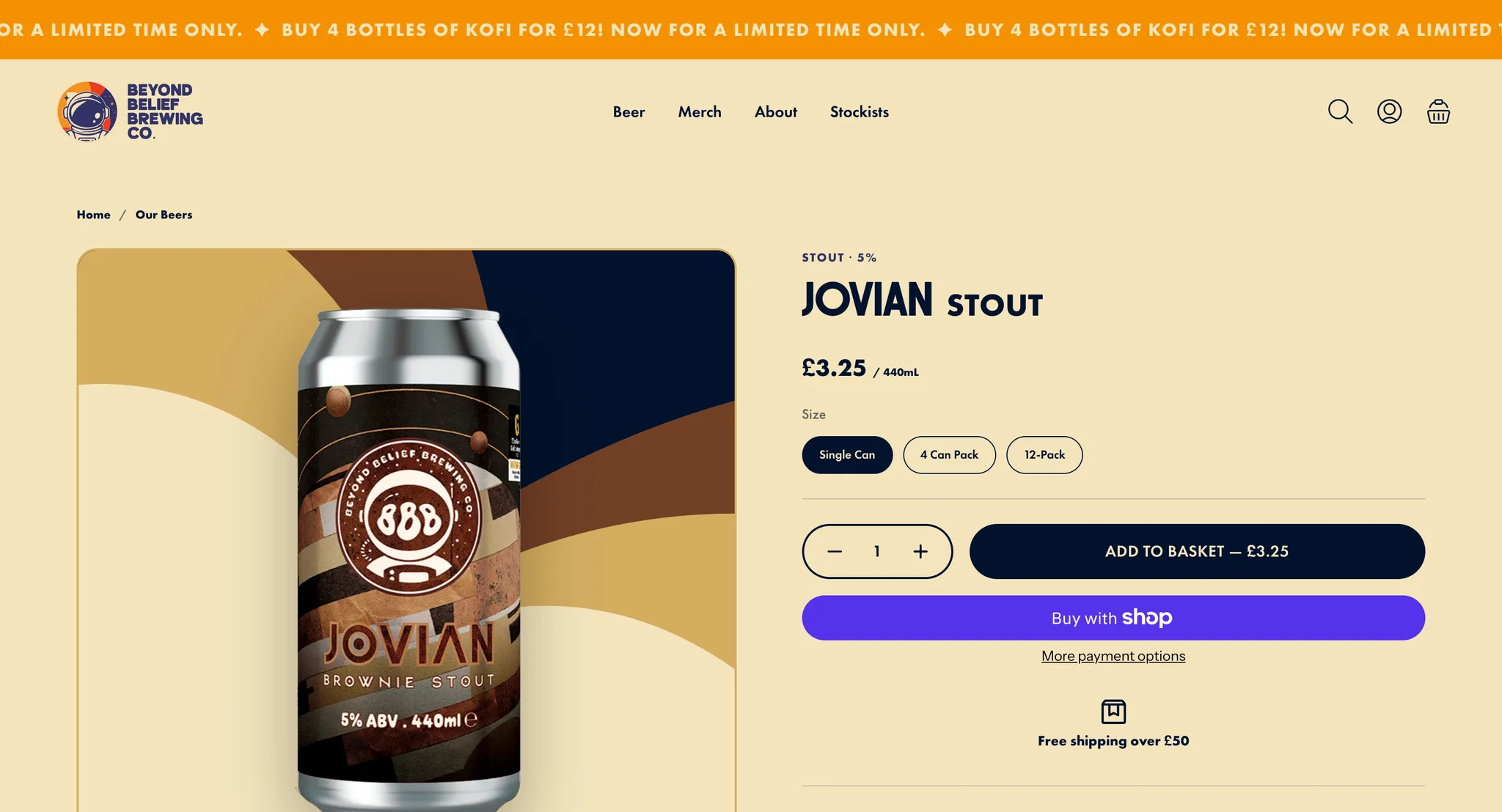 Jovian brownie stout product page with Single Can, 4 Can Pack and 12-Pack options, quantity and Add to basket