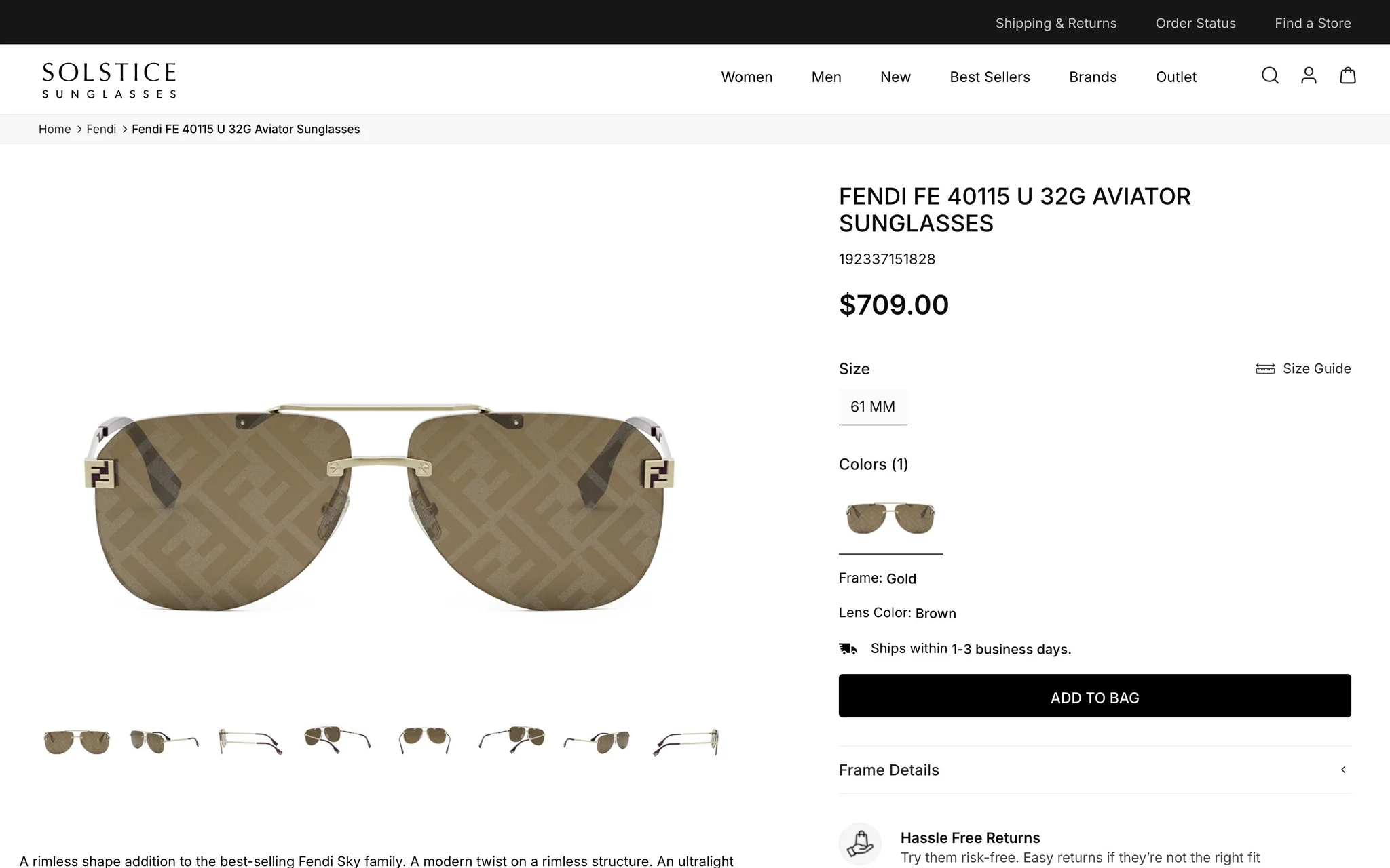 Solstice Sunglasses product page for Fendi aviator sunglasses with size, colour, size guide, shipping time and Add to Bag button.