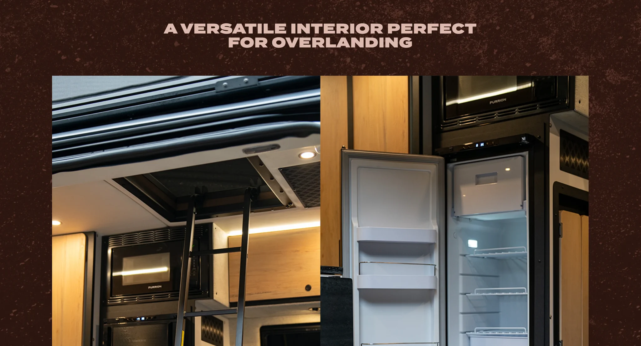 A Versatile Interior Perfect for Overlanding gallery showing the van's fridge, cabinets and lighting