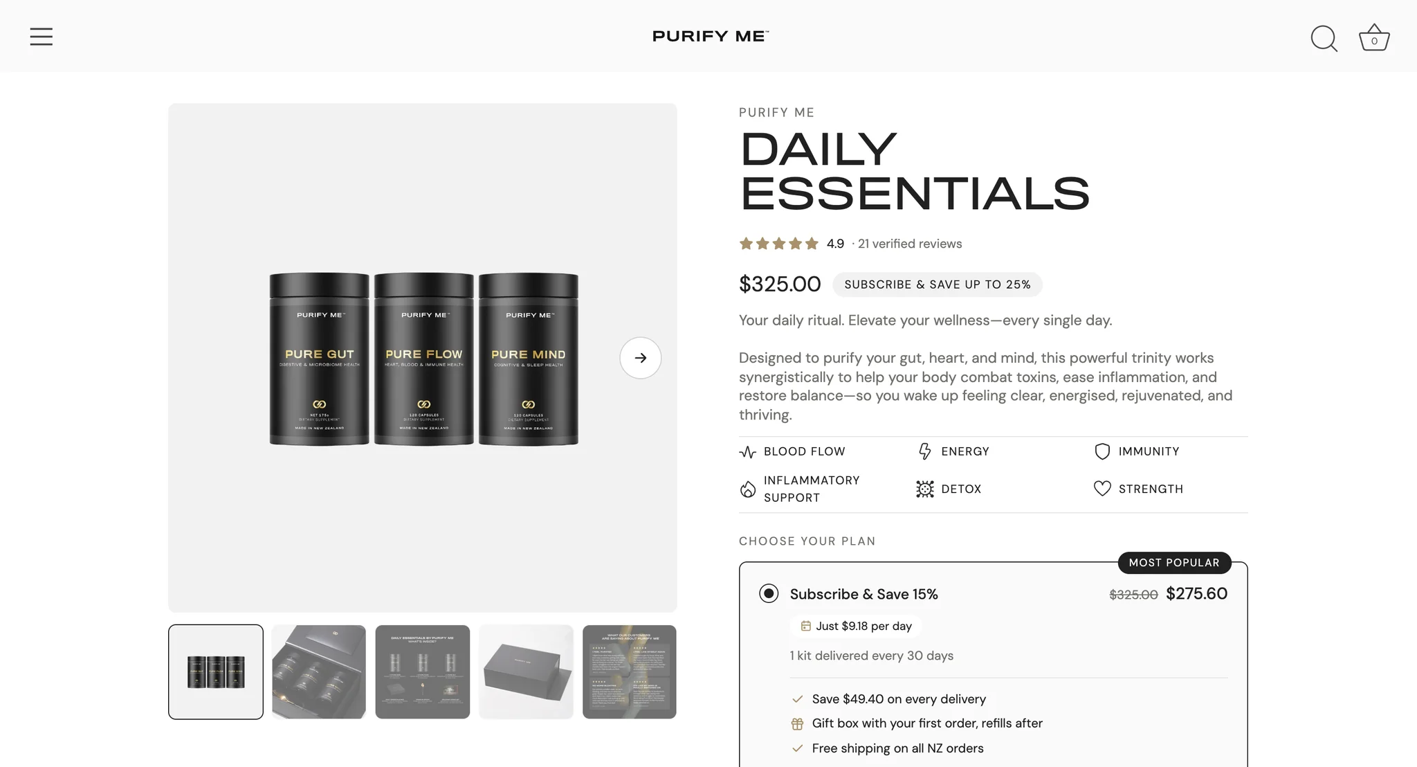 Daily Essentials product page with the Pure Gut, Pure Flow and Pure Mind jars together and a subscribe and save plan picker