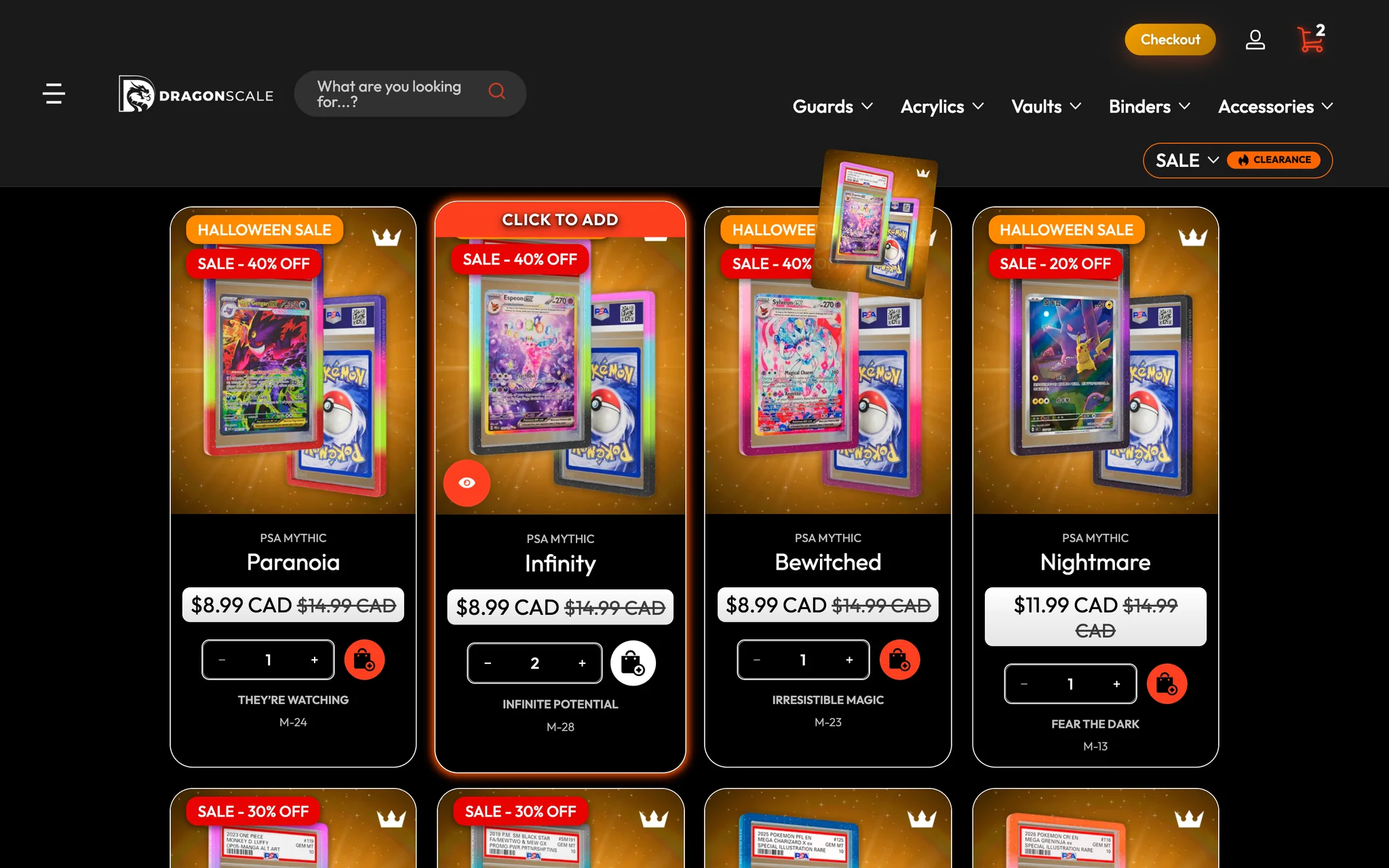 Infinity card after adding two guards: the guard image flying up towards the header, the cart icon turning red with a count of 2 and a Checkout button appearing beside it, with no page load and the cart drawer closed
