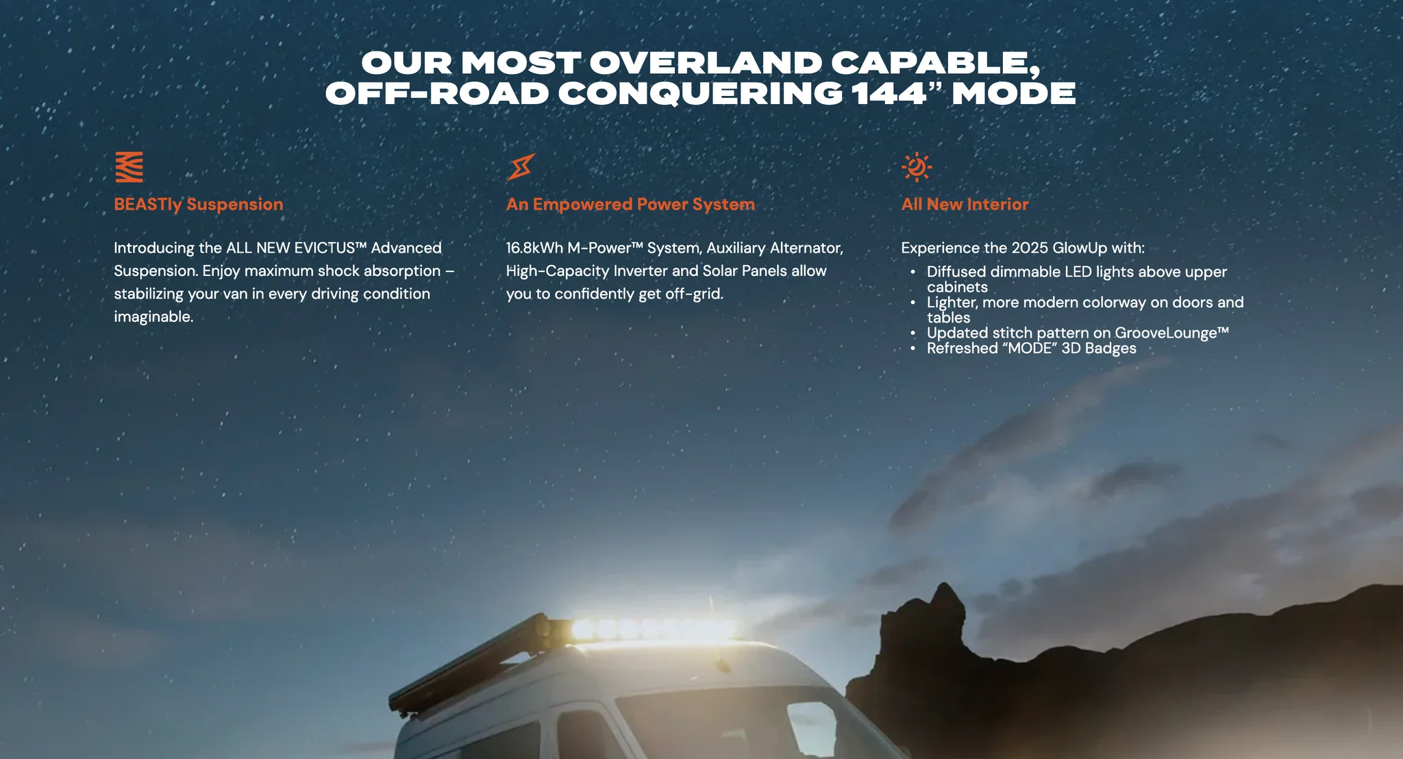 Our Most Overland Capable 144 inch MODE section with three feature columns for suspension, power system and the new interior over a night sky