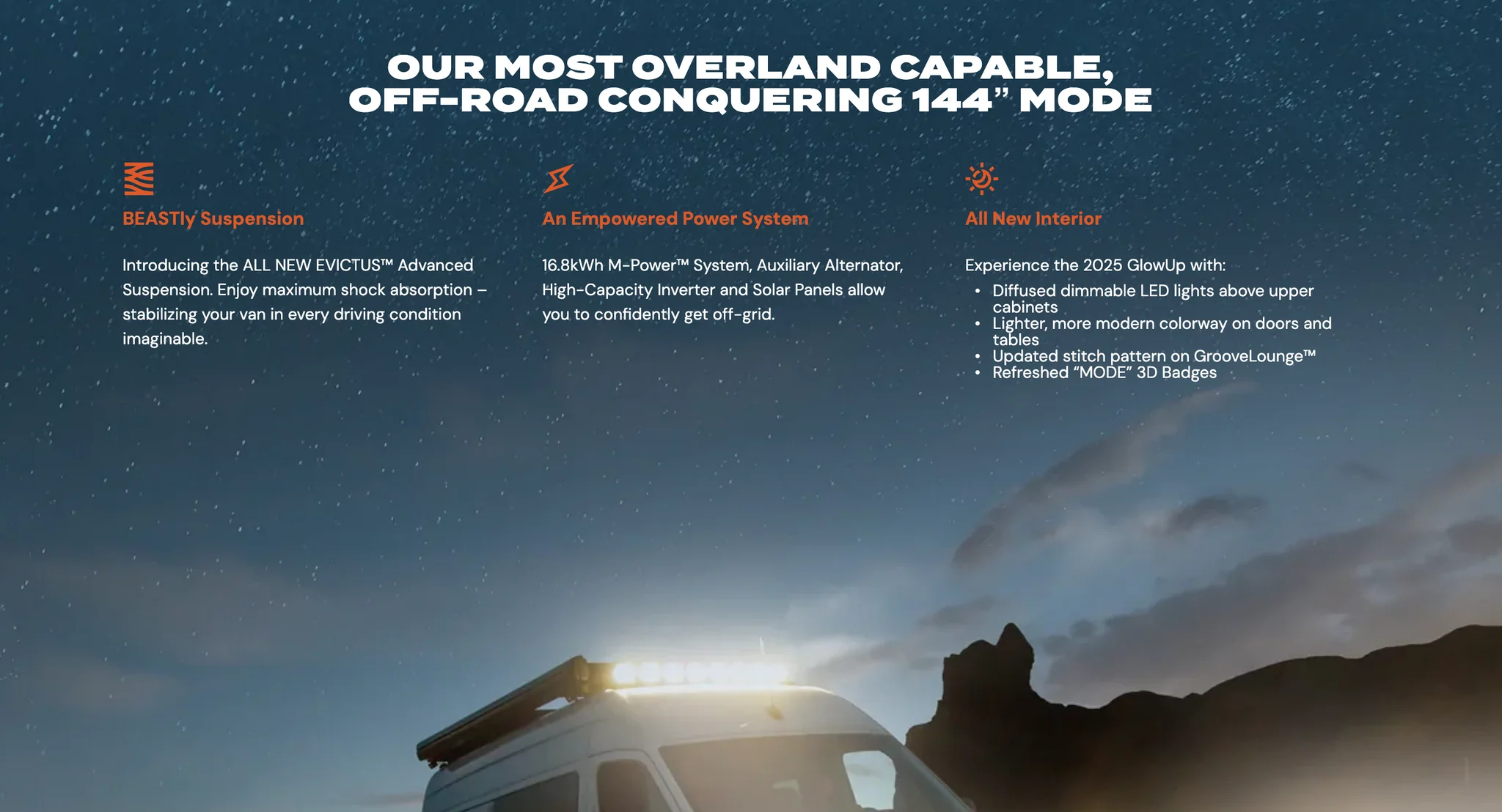Our Most Overland Capable 144 inch MODE section with three feature columns for suspension, power system and the new interior over a night sky