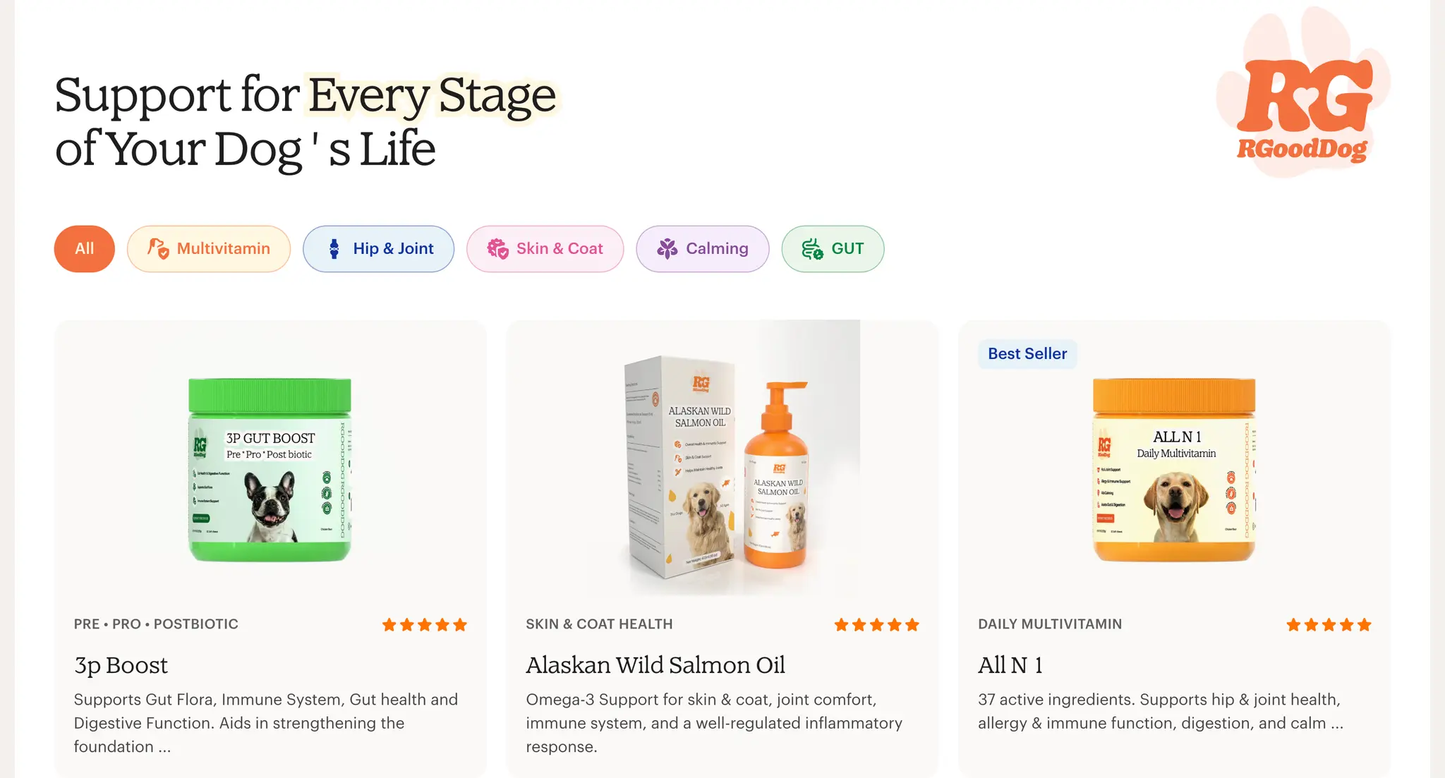 R Good Dog shop page titled Support for Every Stage of Your Dog's Life with health category filter pills and supplement products