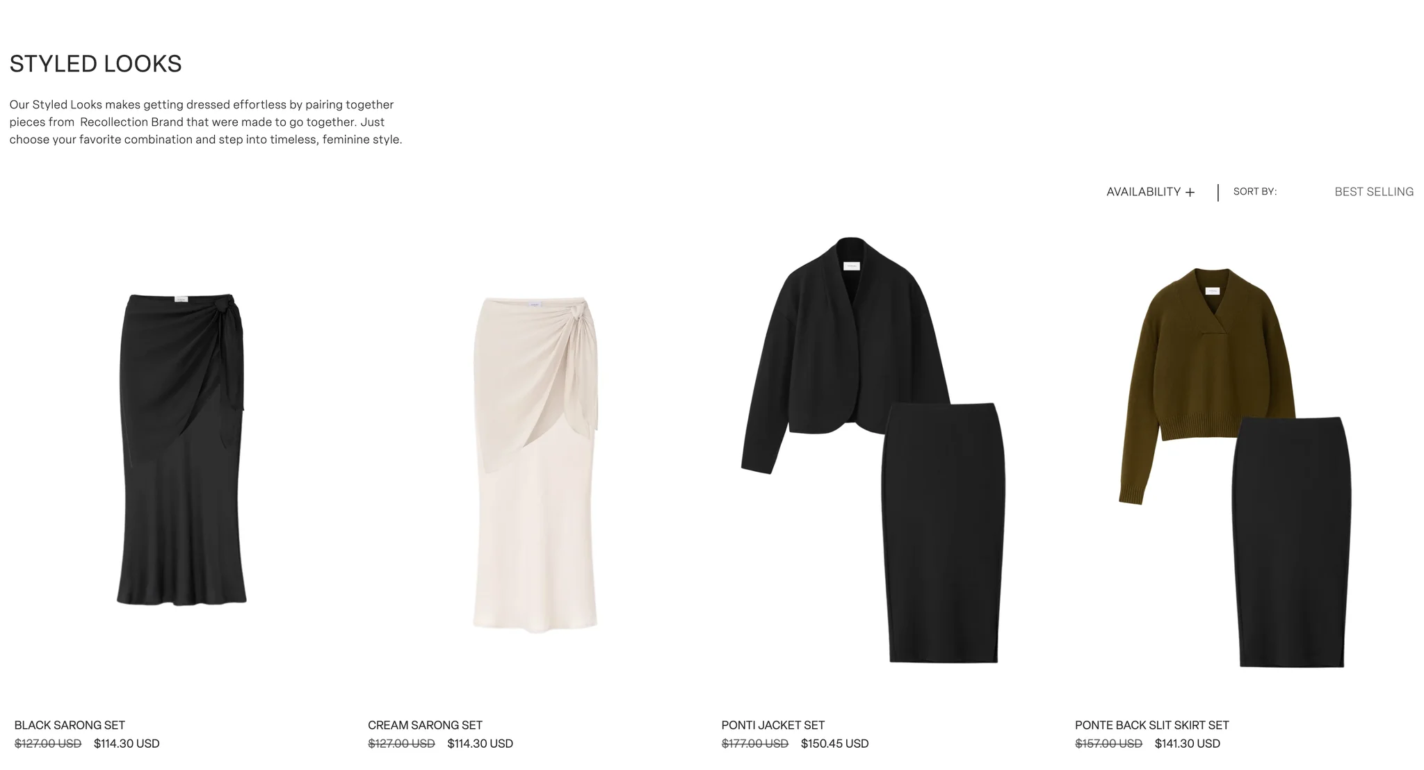 Styled Looks collection of matching sets shown as flat lays on white: the Black and Cream Sarong Sets, the Ponti Jacket Set and the Ponte Back Slit Skirt Set, each with a set price beside a struck-through higher price