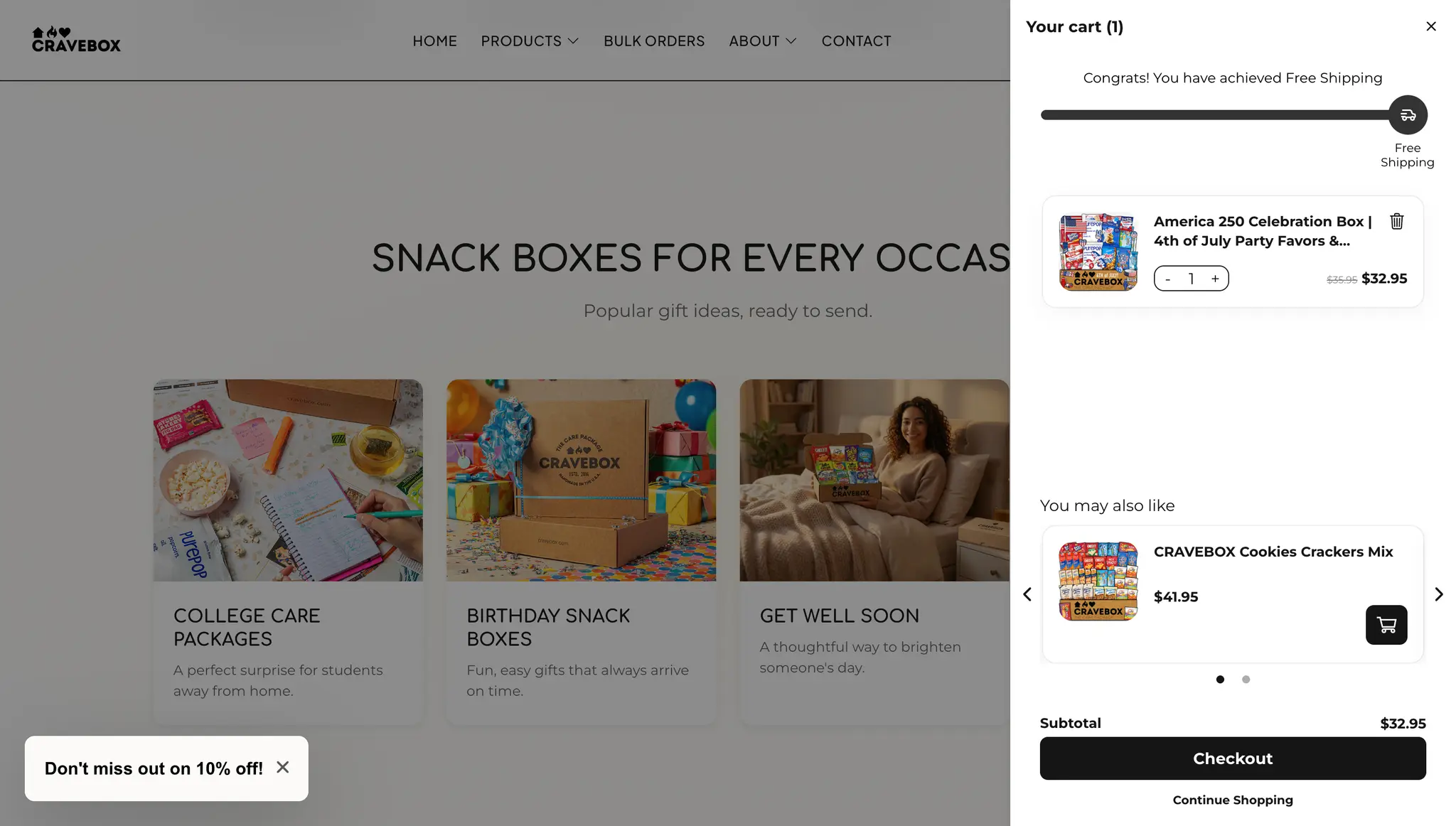 Gift-finder quiz guiding shoppers to the right box by recipient, occasion, and size on the CraveBox Shopify store
