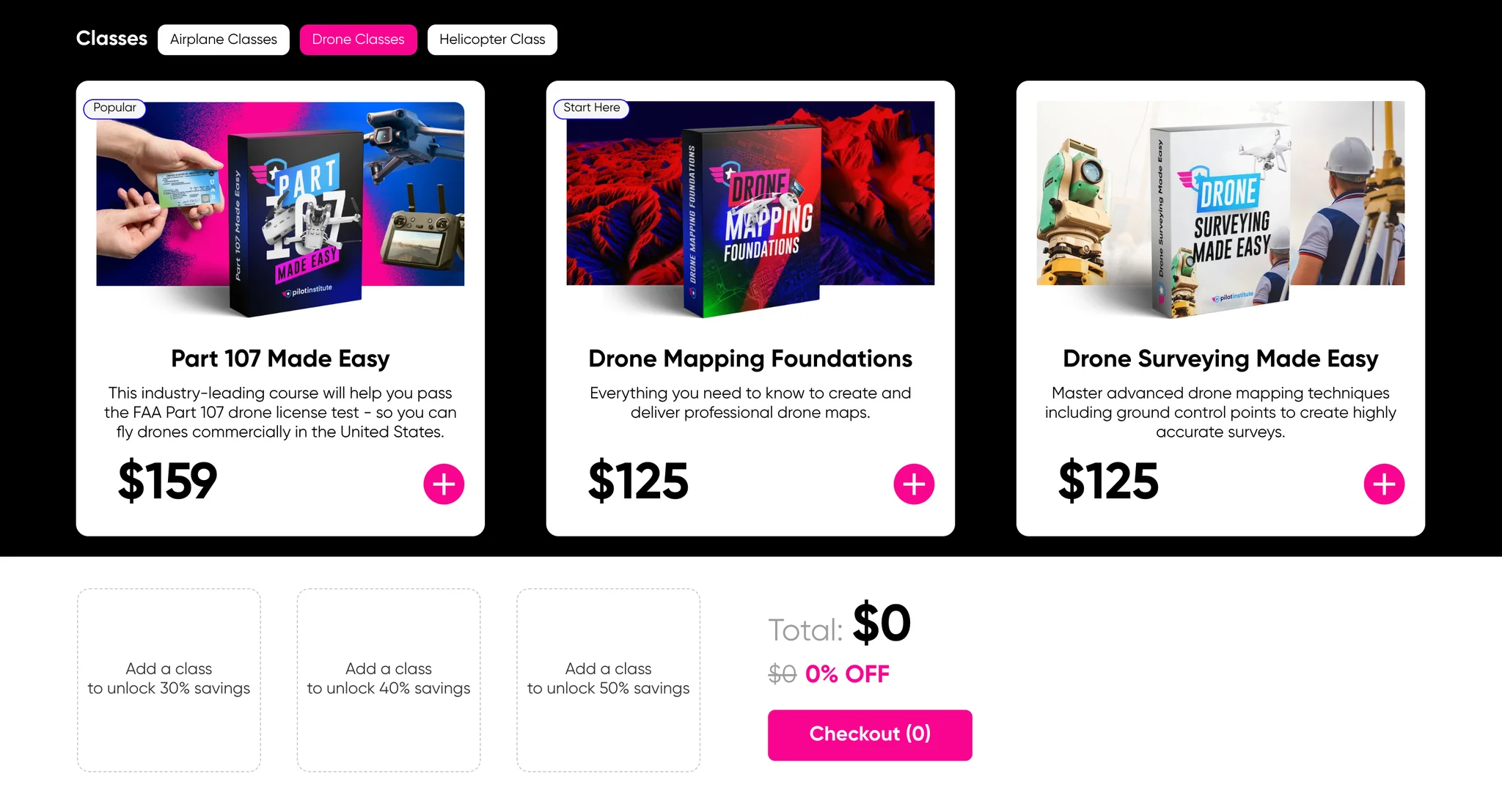 Drone Classes tab selected, with cards for Part 107 Made Easy at $159, Drone Mapping Foundations at $125 and Drone Surveying Made Easy at $125