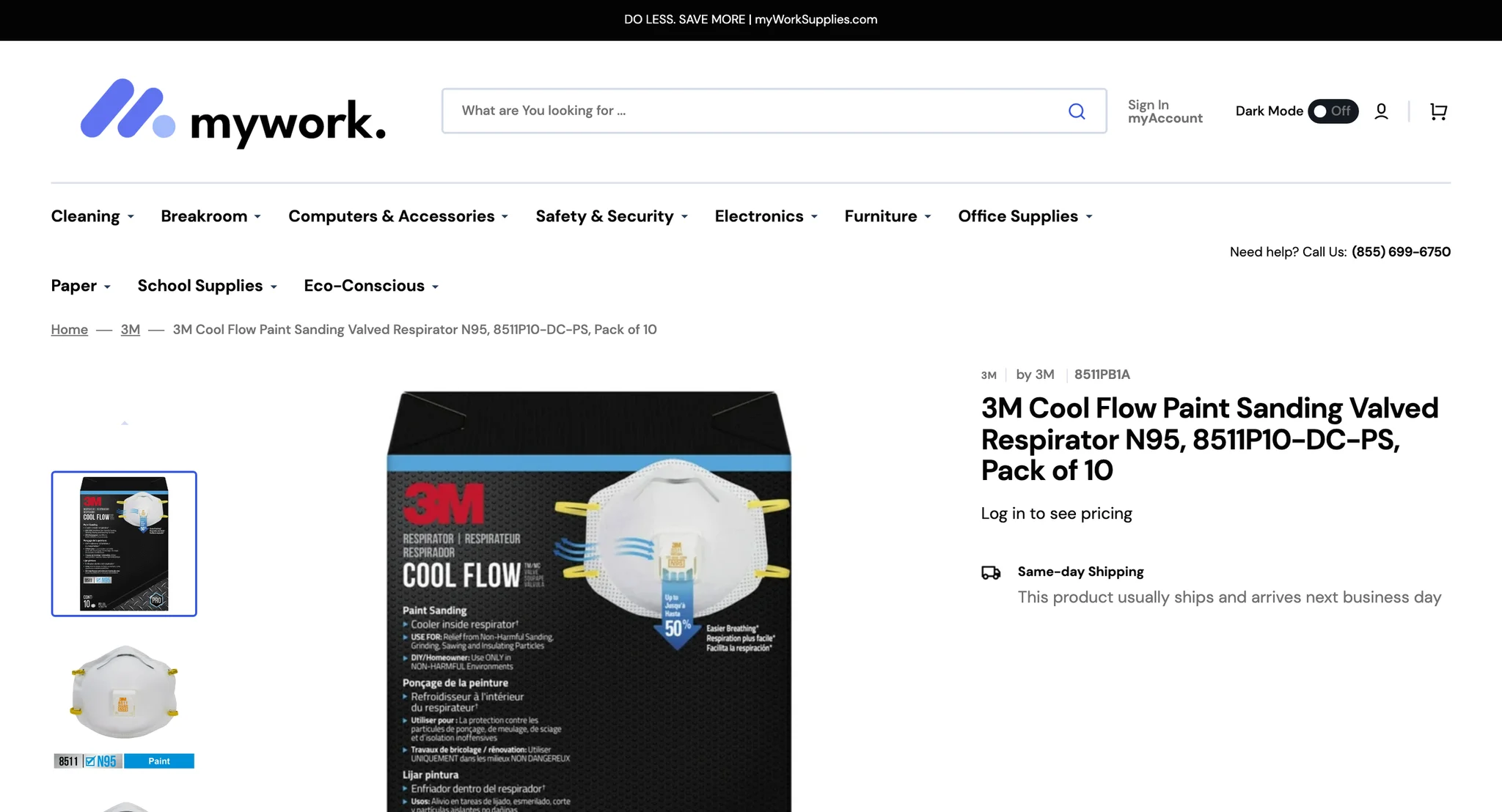 3M Cool Flow N95 respirator product page, pack of 10, with manufacturer number 8511PB1A and a same-day shipping note