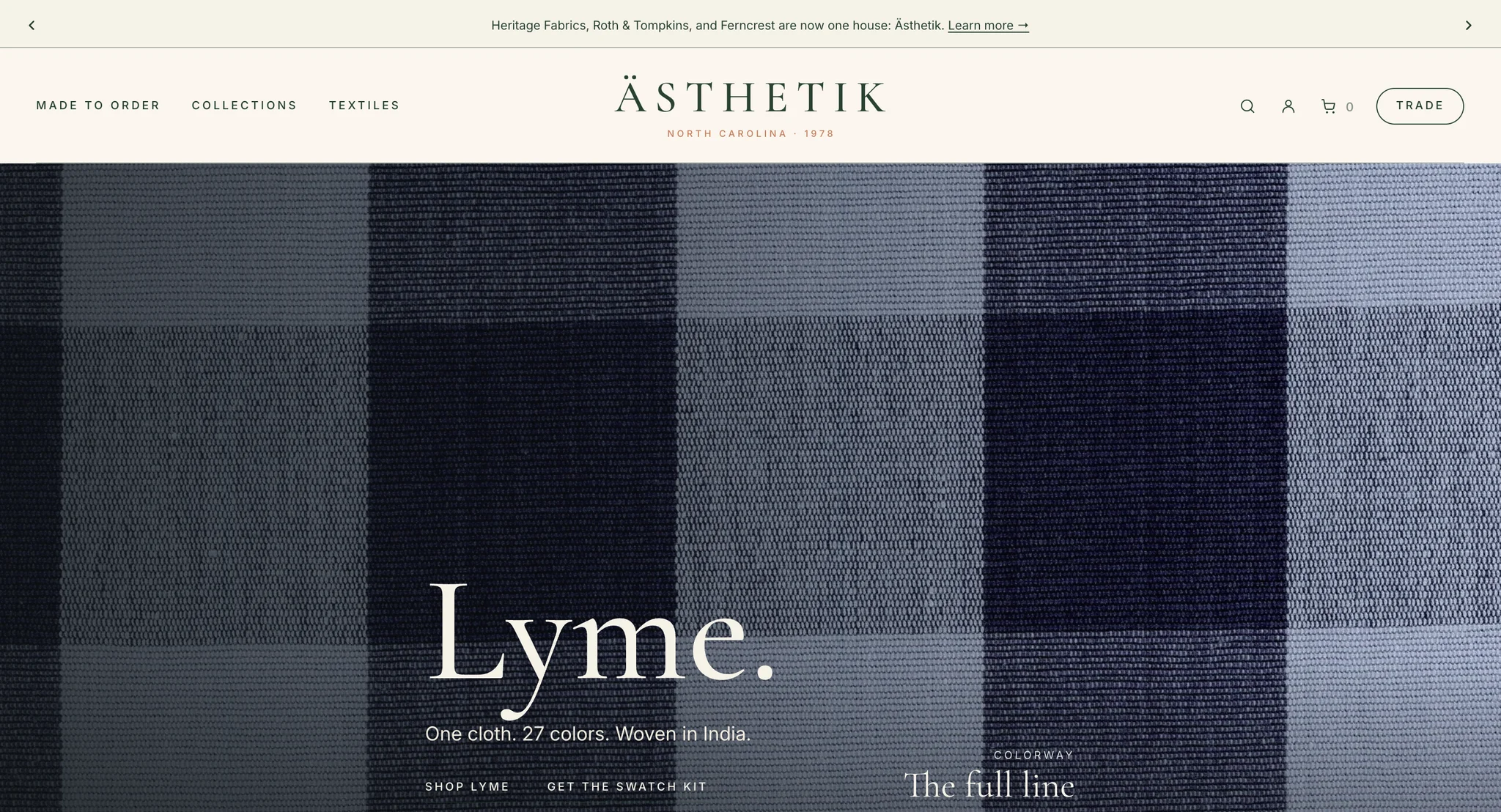 Lyme fabric product page: a full-width navy buffalo check with the line "One cloth. 27 colors. Woven in India."