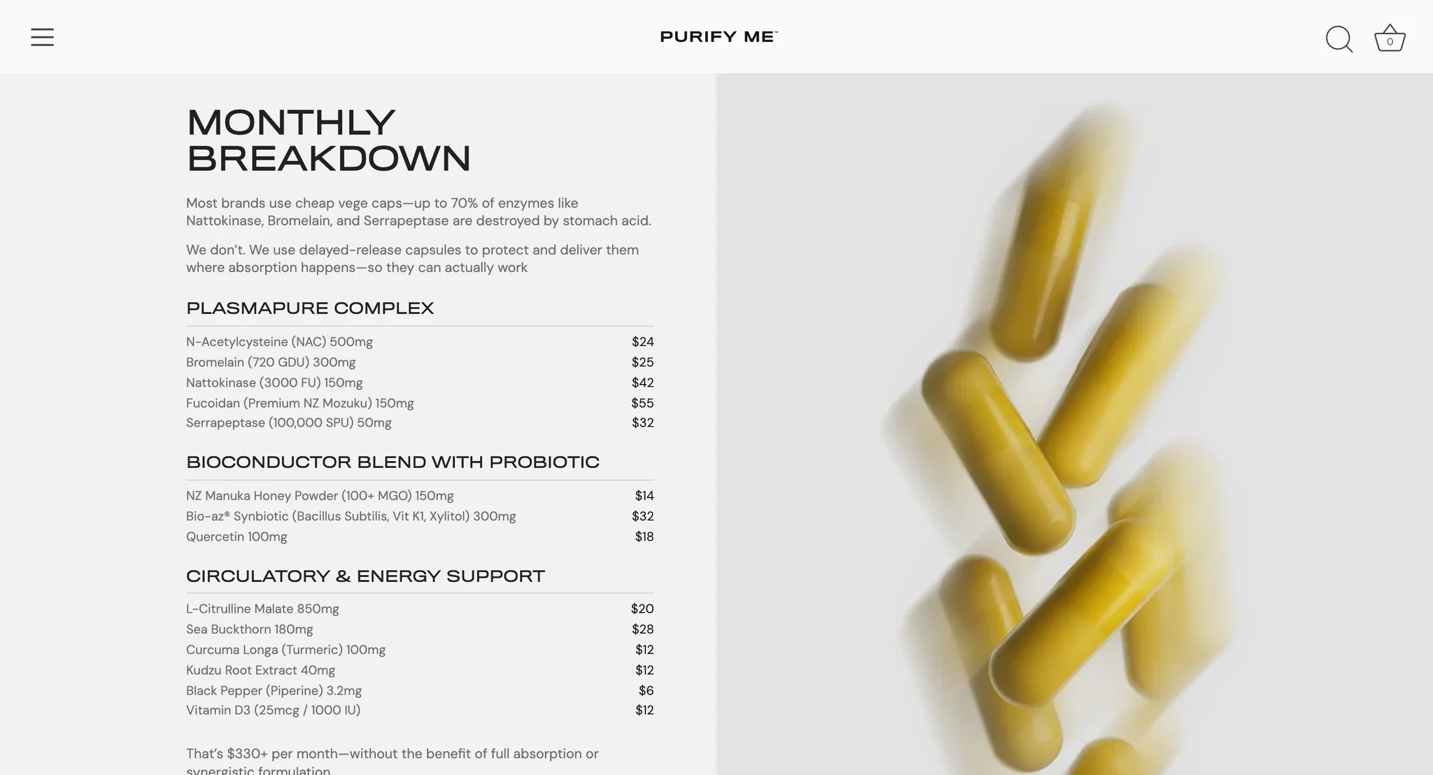 Monthly breakdown listing each Pure Flow ingredient with its dose and cost beside a photo of falling golden capsules