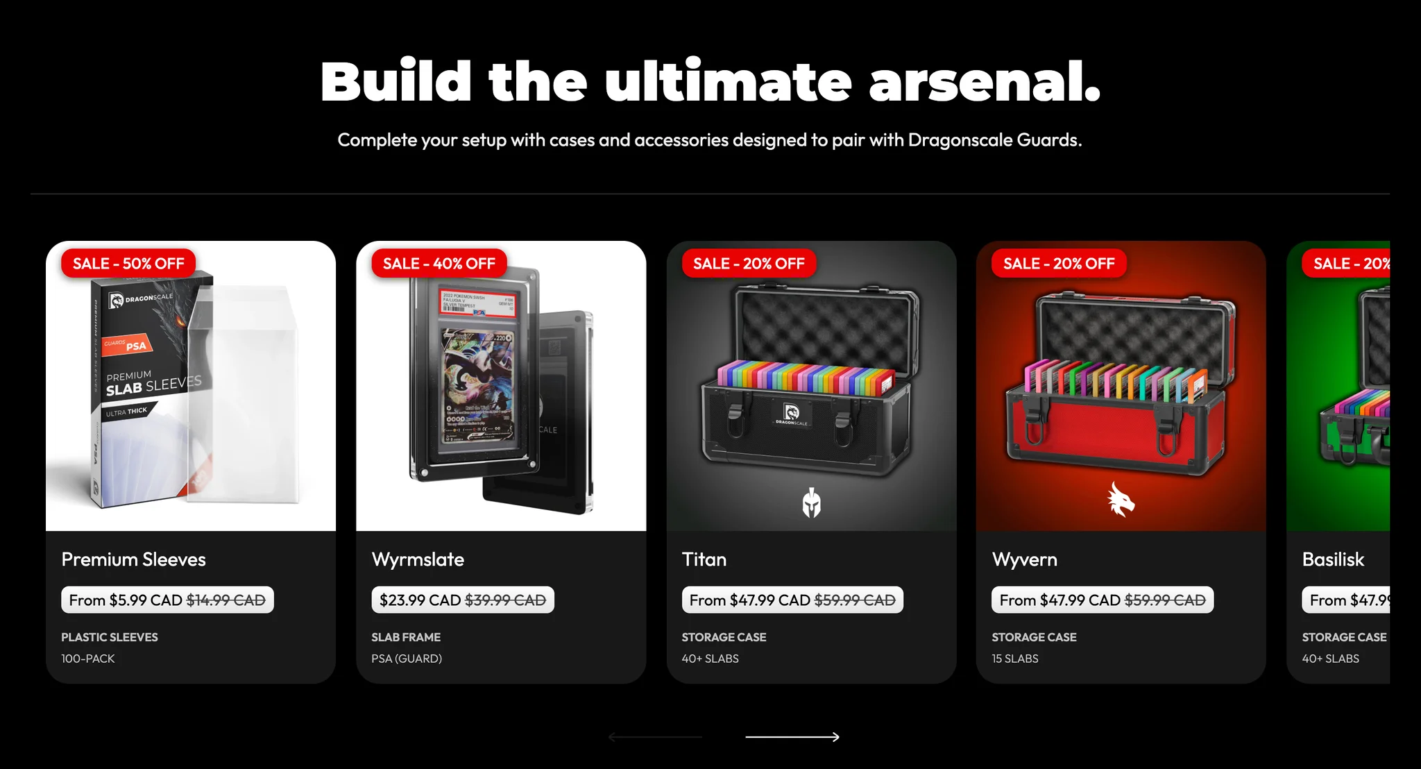 "Build the ultimate arsenal." product row at the foot of the Mythic page: Premium Sleeves, the Wyrmslate slab frame and the Titan, Wyvern and Basilisk storage cases full of rainbow guarded slabs, on white, grey, red and green backdrops with sale badges and CAD prices
