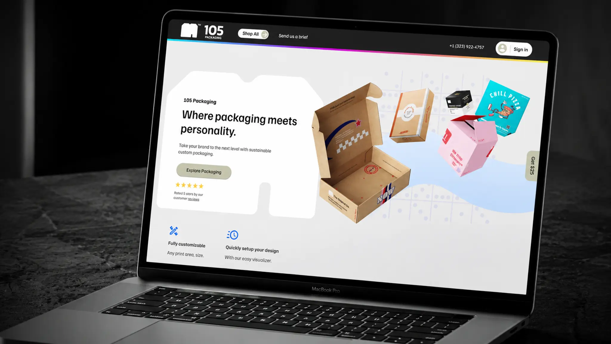 105 Packaging storefront homepage shown on a desktop mockup