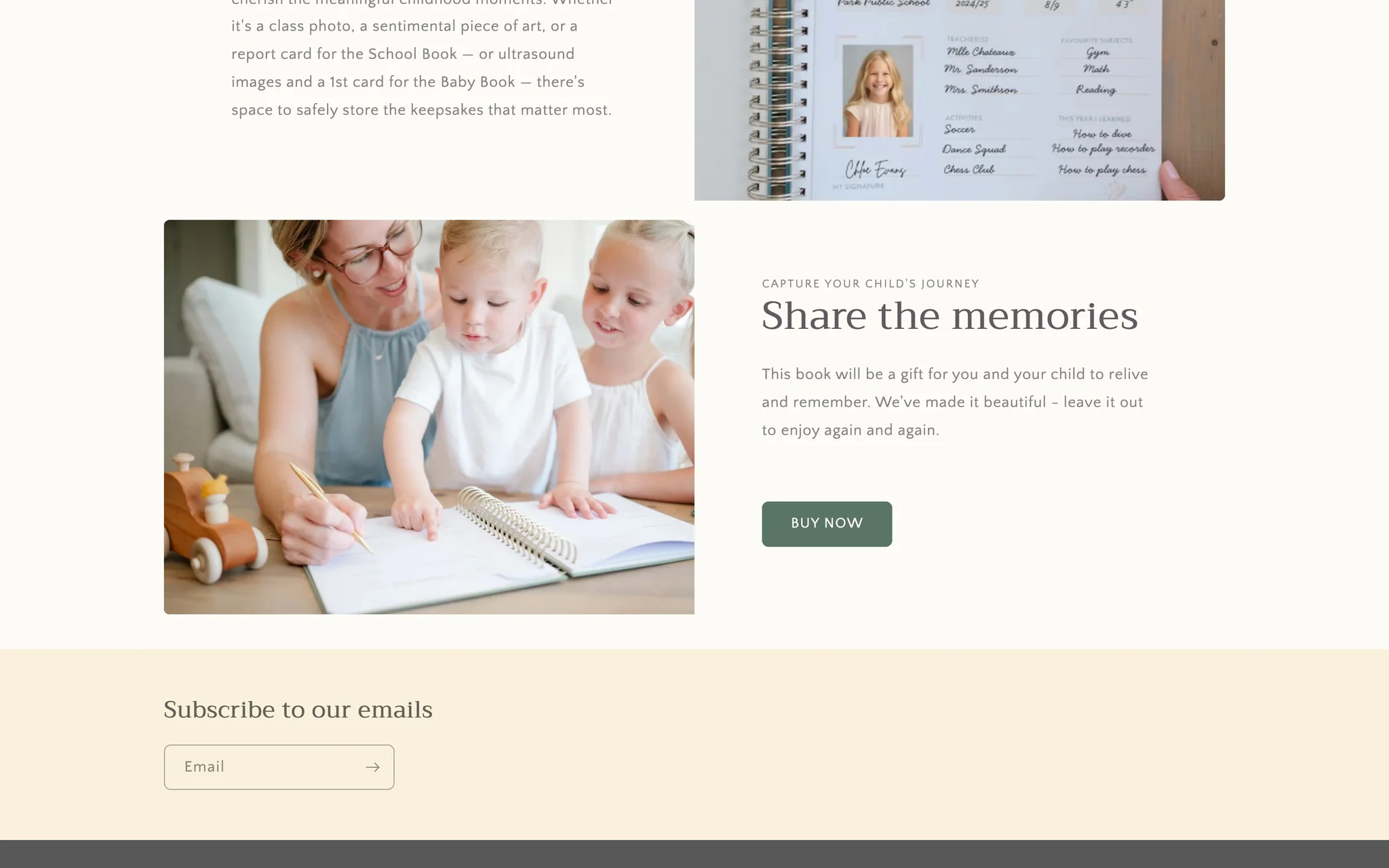 Mavie Memories 'Share the memories' section with a mother and children filling in a book, above the email signup.