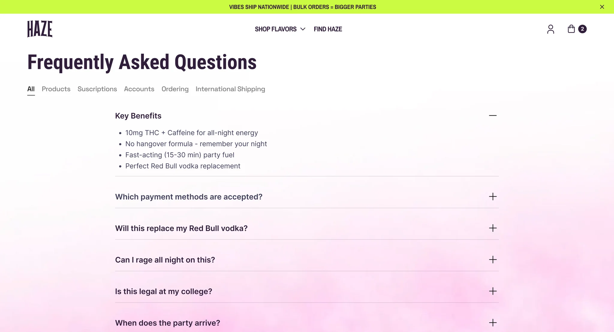 Frequently asked questions page with tabs for products, subscriptions, accounts, ordering and shipping