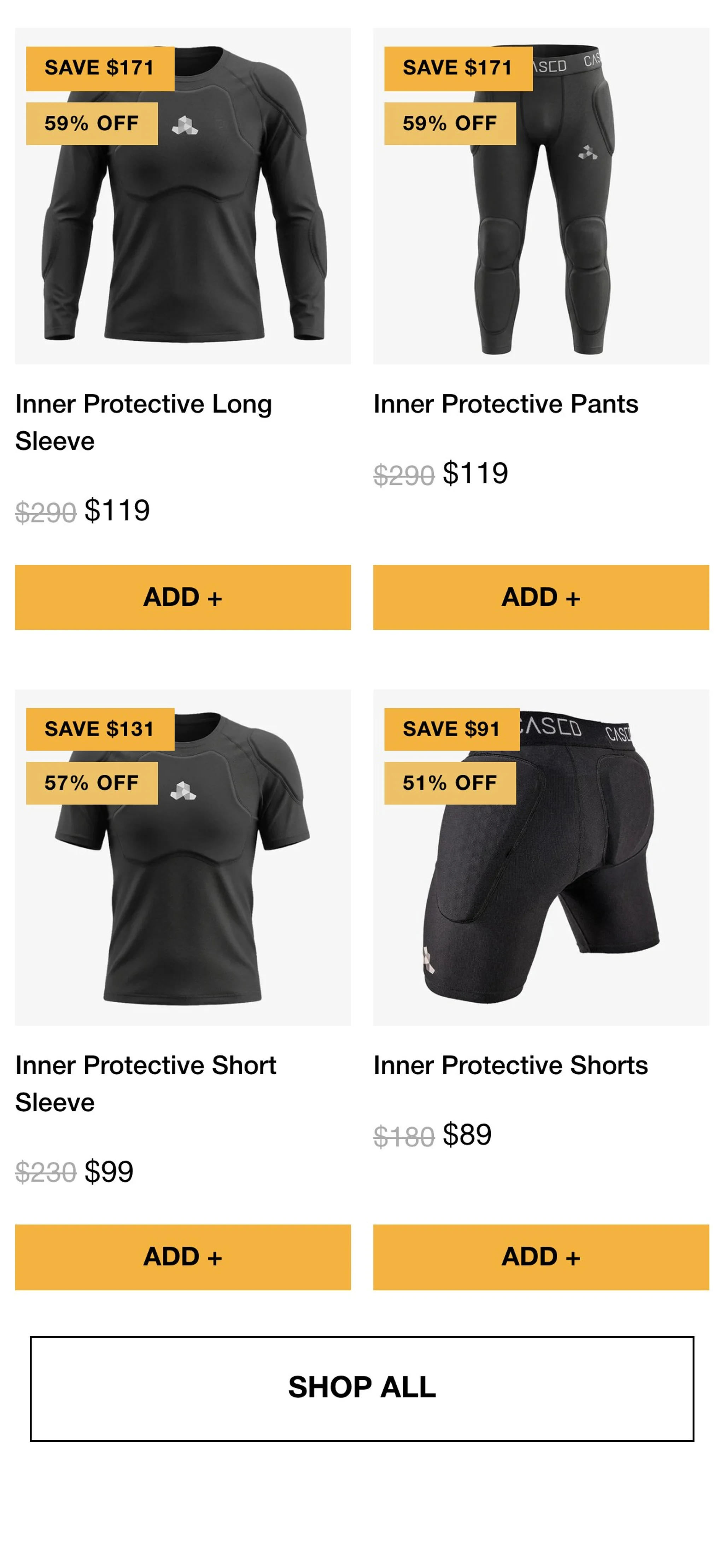 Cased mobile product grid with protective sleeves, pants and shorts and quick Add buttons.