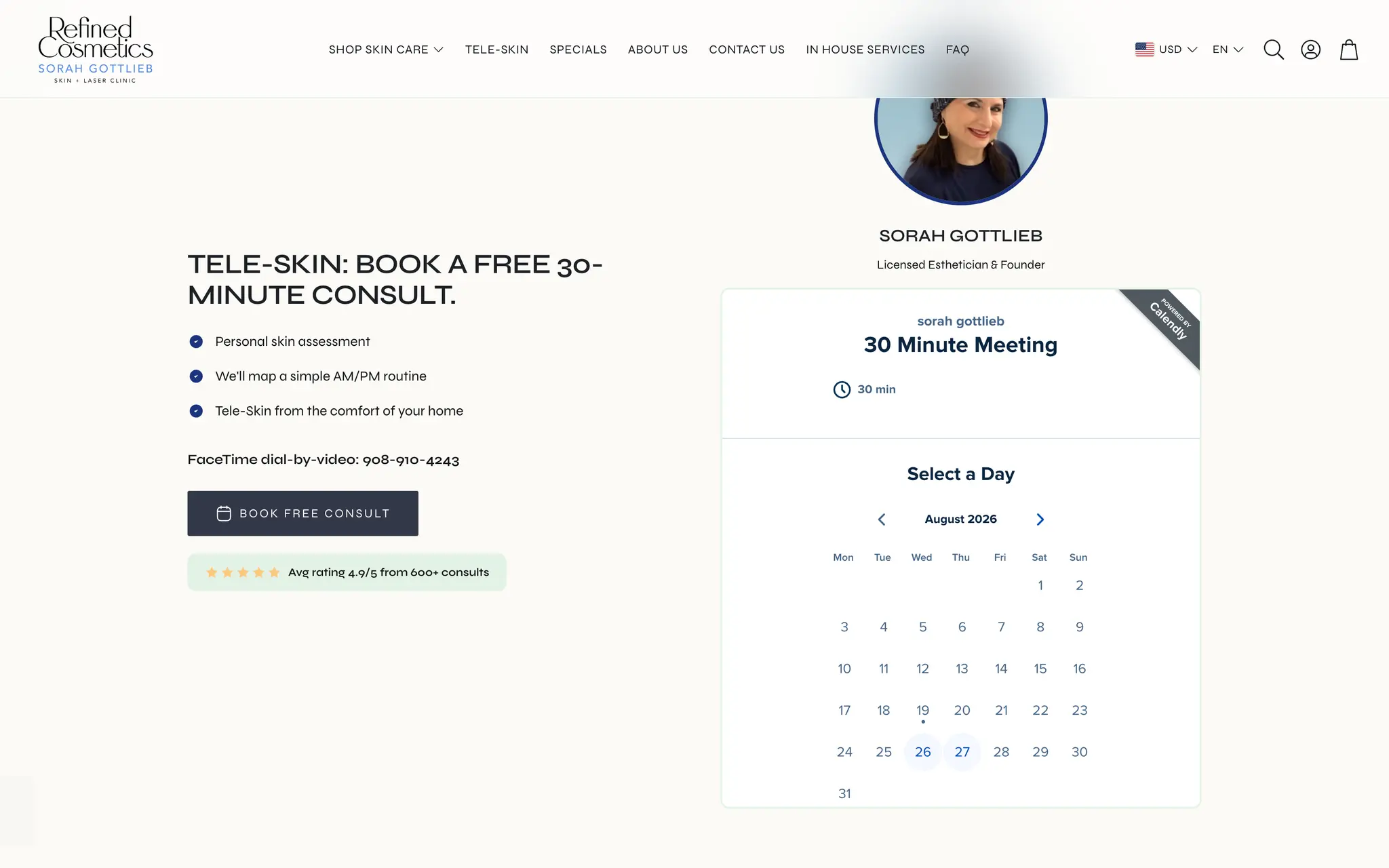 Tele-Skin booking section on Refined Cosmetics offering a free 30-minute consult with founder Sorah Gottlieb, with an embedded calendar for choosing a day and a 4.9-star consult rating.