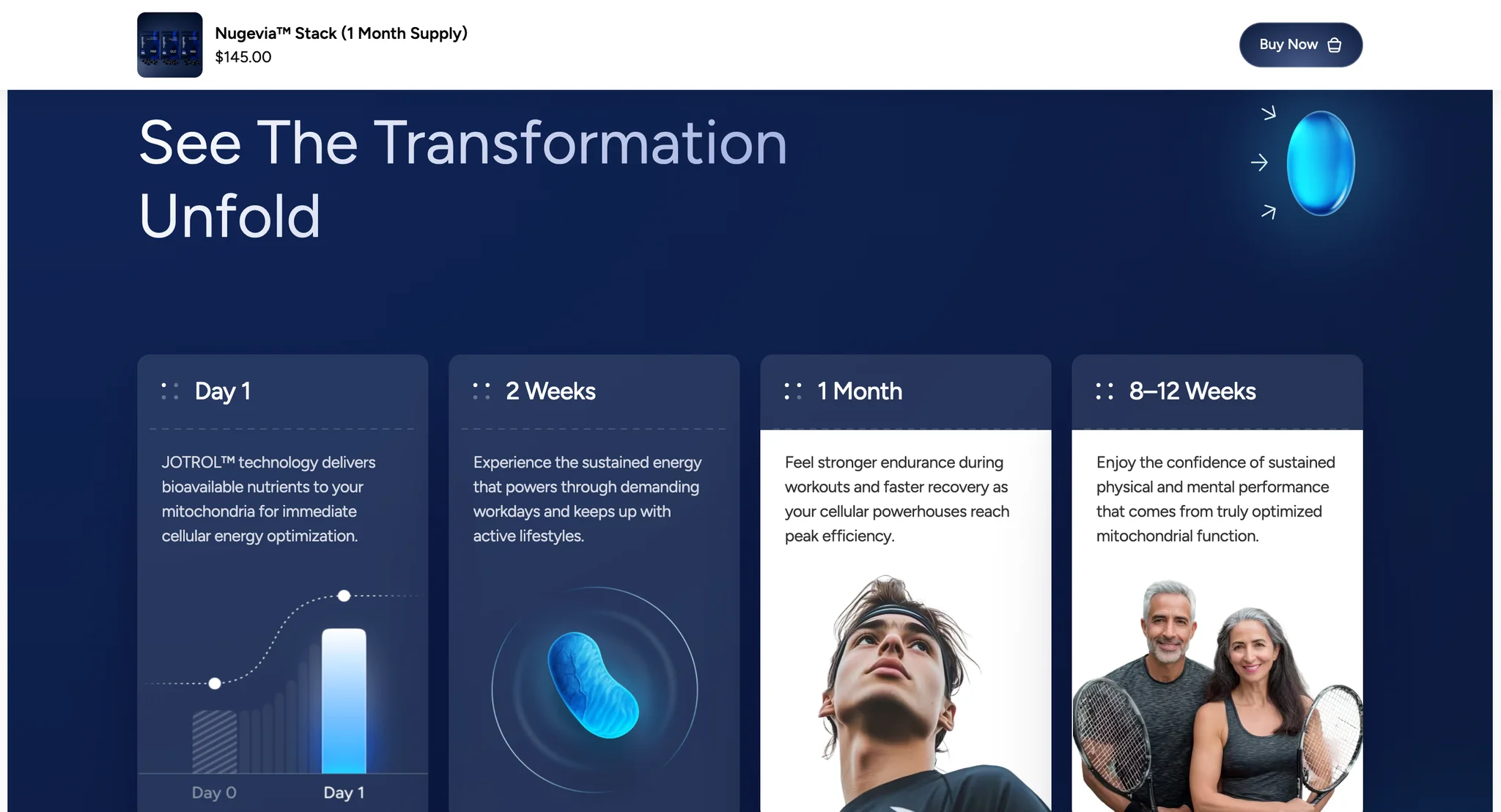 Nugevia Stack product page scrolled to the navy "See The Transformation Unfold" timeline of Day 1, 2 Weeks, 1 Month and 8 to 12 Weeks cards, with a sticky bar pinned at the top showing a thumbnail of the three pouches, Nugevia Stack (1 Month Supply), its price and a Buy Now button