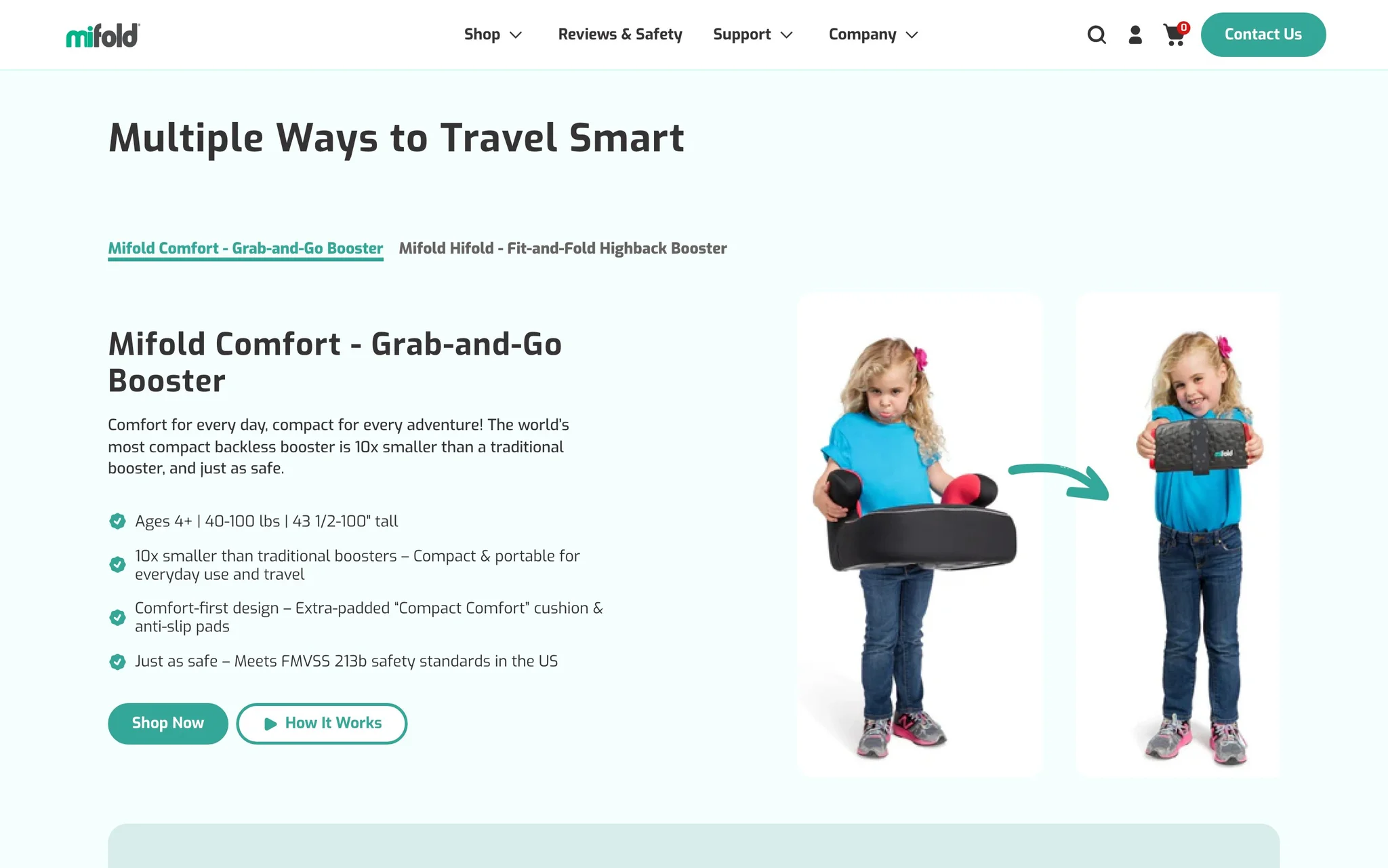 Mifold tabbed product explainer showing the Comfort grab-and-go booster's sizing, features and a before-and-after size comparison.