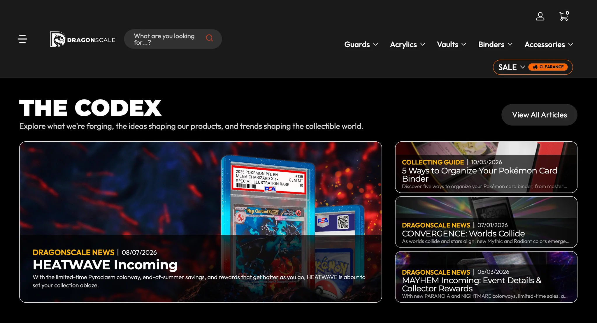 "The Codex" block on the homepage: a large HEATWAVE Incoming feature card with a guarded Mega Charizard X slab over red and blue embers, three smaller article cards with yellow Collecting Guide and Dragonscale News tags and dates, and a View All Articles button