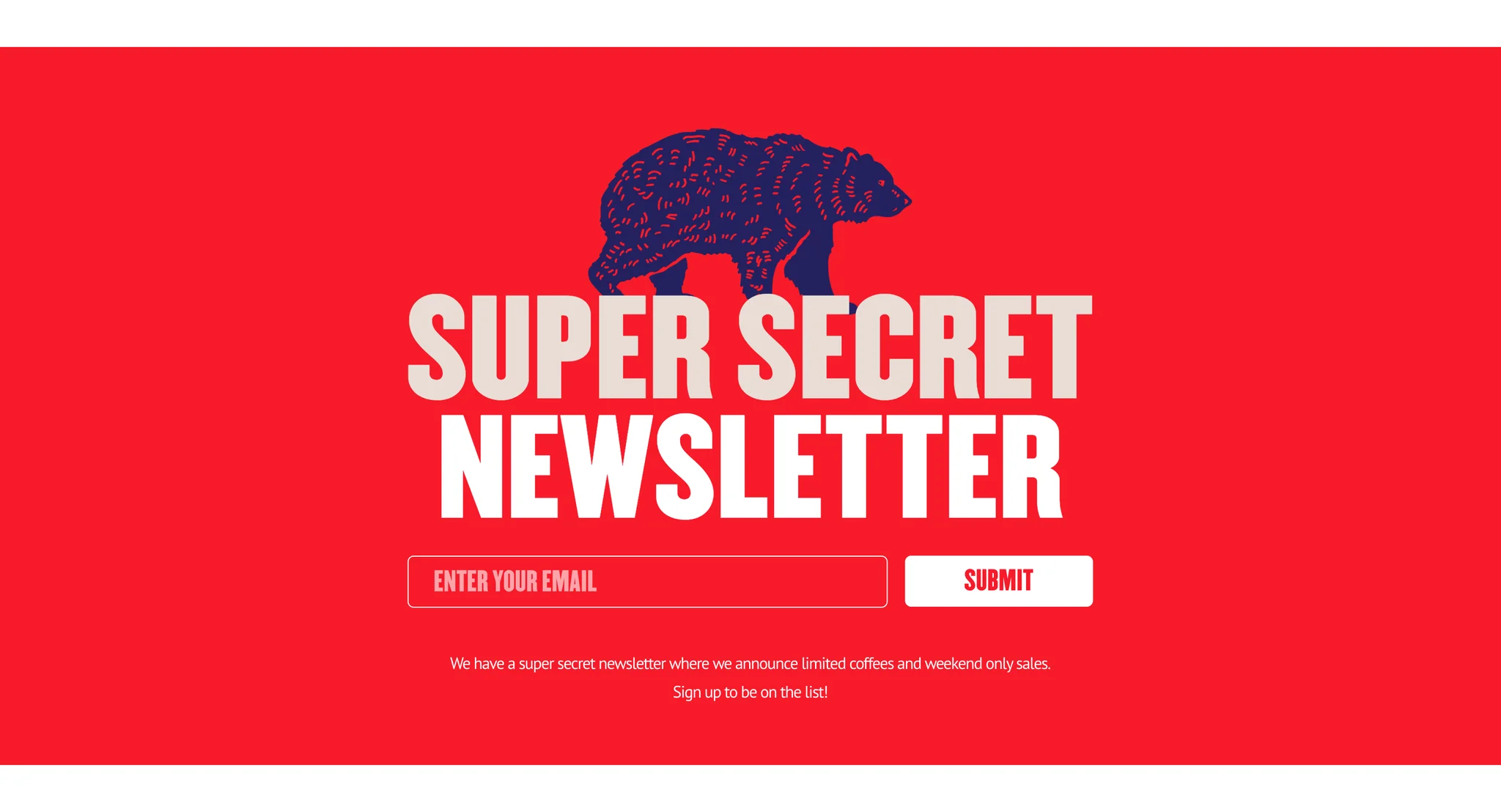 Red "Super Secret Newsletter" sign-up with a navy linocut bear above the sand and white heading, an email field, a white Submit button and a line about limited coffees and weekend only sales