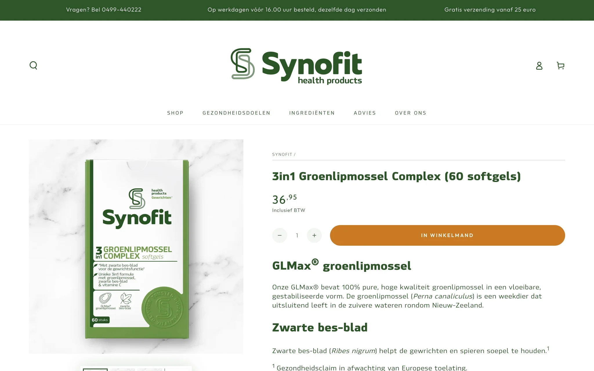 Synofit product page for 3in1 Groenlipmossel Complex with a marble-backed packshot, price, quantity stepper and orange add-to-cart button.