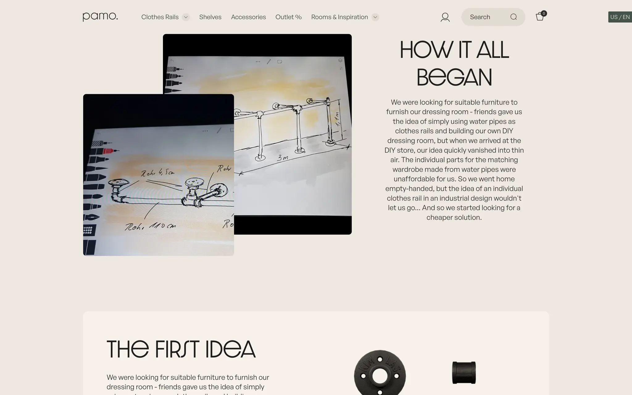 pamo. About Us page telling how the brand began, with photographs of the founders’ original hand-drawn clothes rail sketches.
