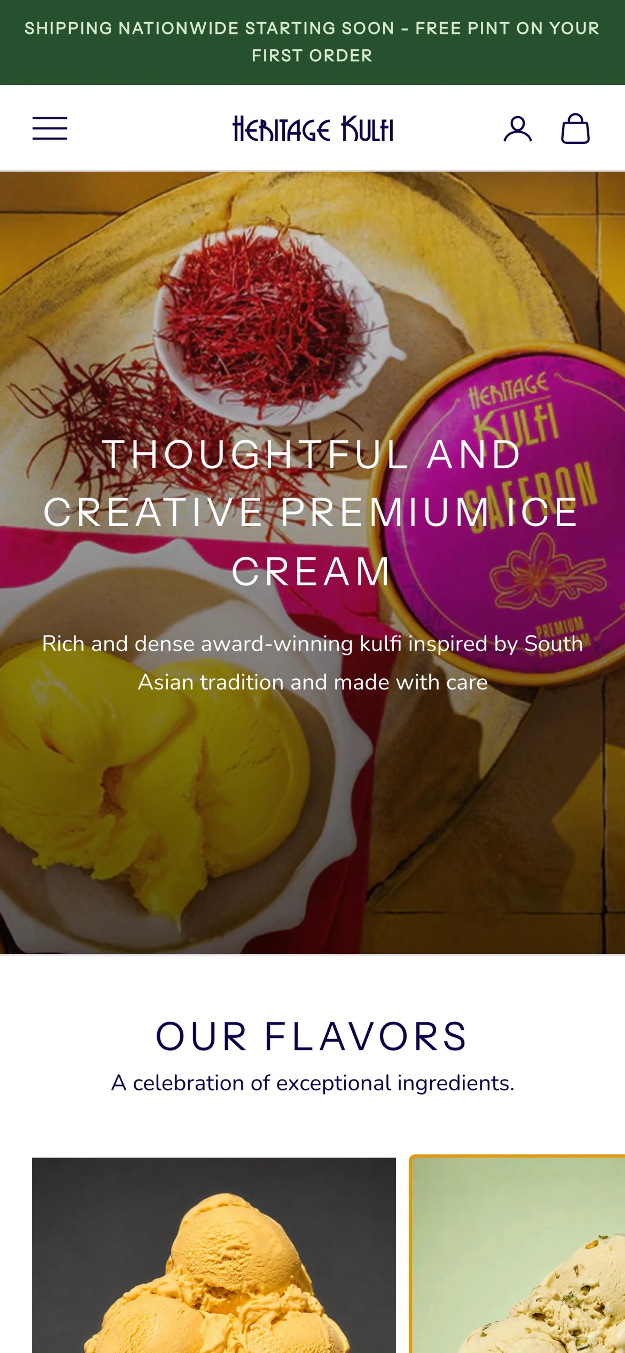 Heritage Kulfi mobile homepage with a Saffron kulfi hero and the Our Flavors heading.